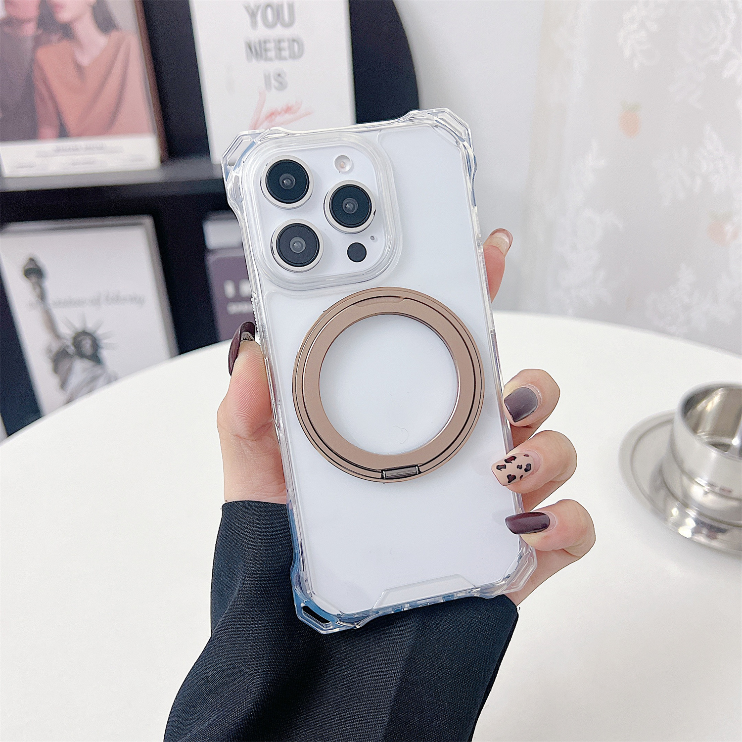 For iPhone 15 Pro Magnetic Case Ring Kickstand TPU + PC Phone Cover - Brown