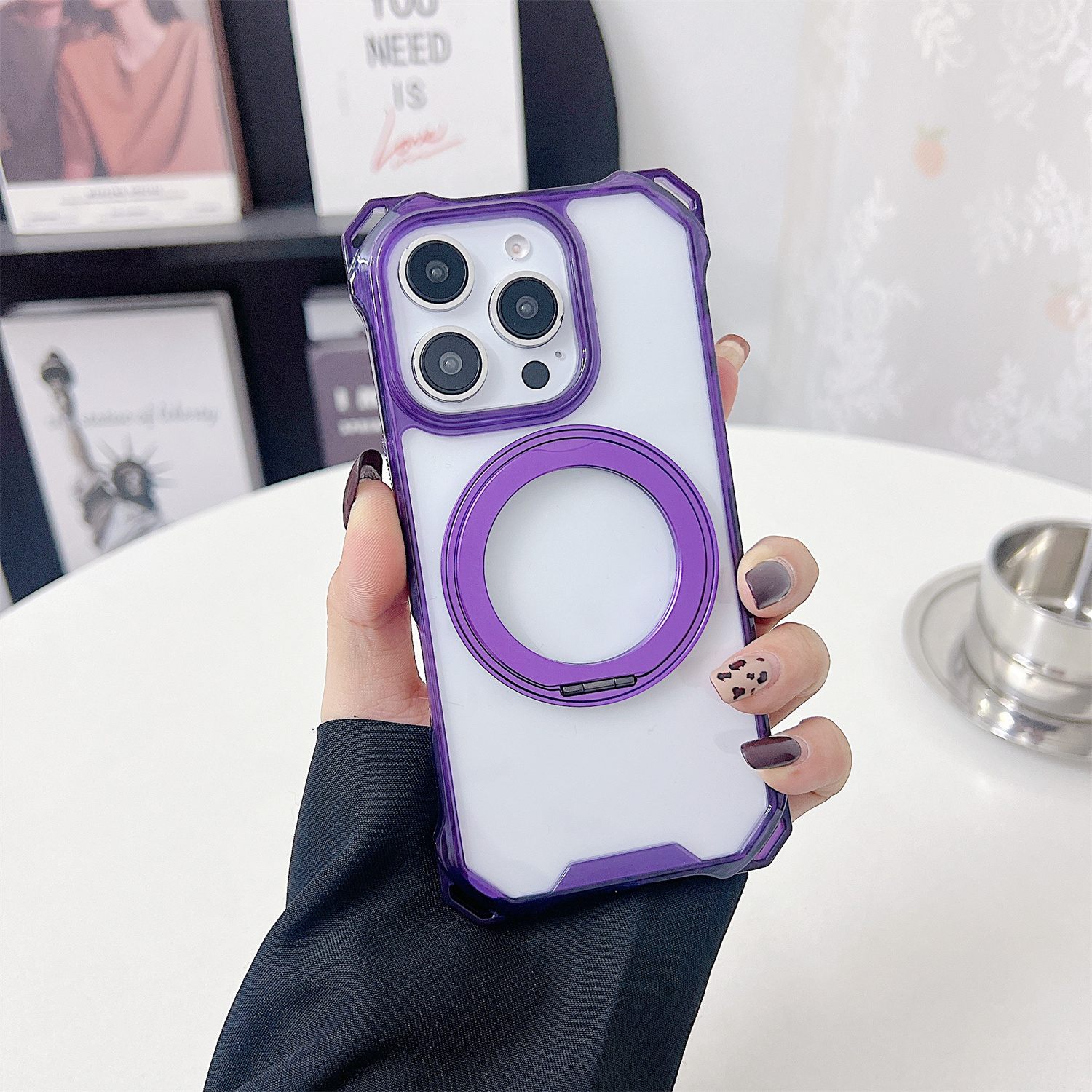 For iPhone 16 Pro Magnetic Case Ring Kickstand TPU + PC Phone Cover - Purple