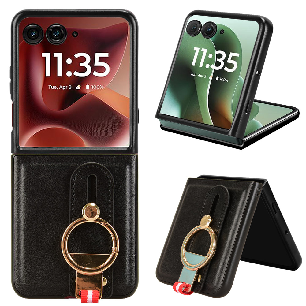 For Motorola Razr 60 Ultra 5G Case Wristband Kickstand Leather + PC + TPU Phone Cover with Bottle Opener - Black