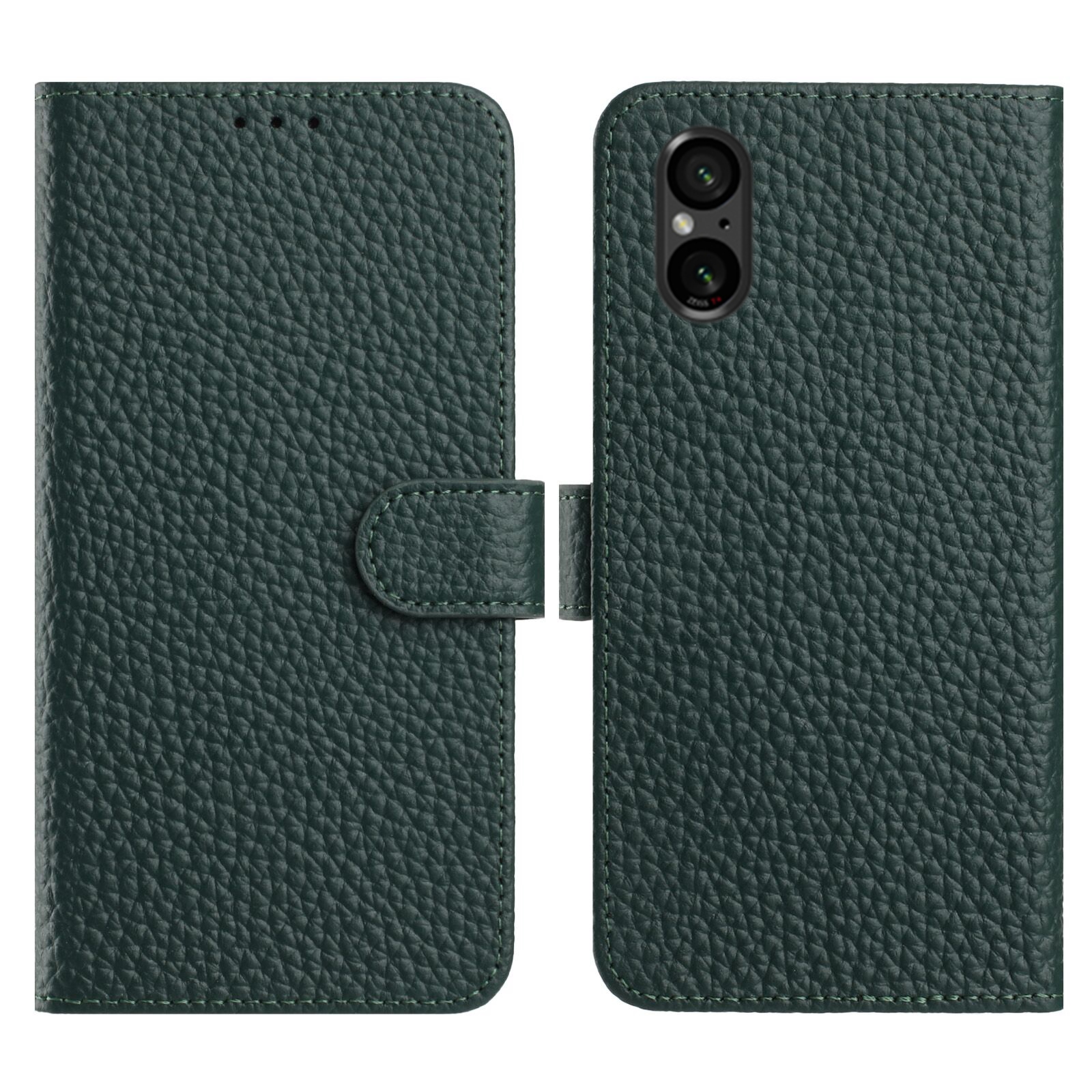 For Sony Xperia 5 V Case Wallet Stand Litchi Texture Genuine Cow Leather Flip Phone Cover - Green