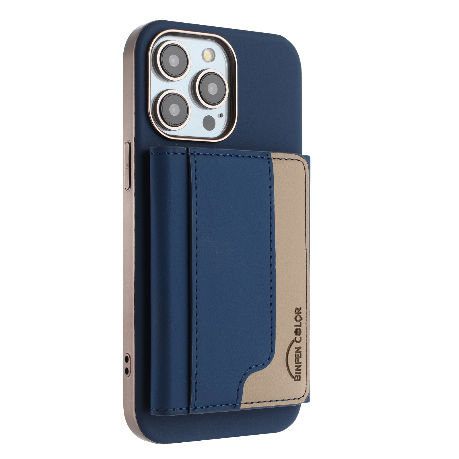 BINFEN COLOR For iPhone 15 Pro Case  BF37 Color Splicing Magnetic Card Holder Leather Back Cover - Dark Blue