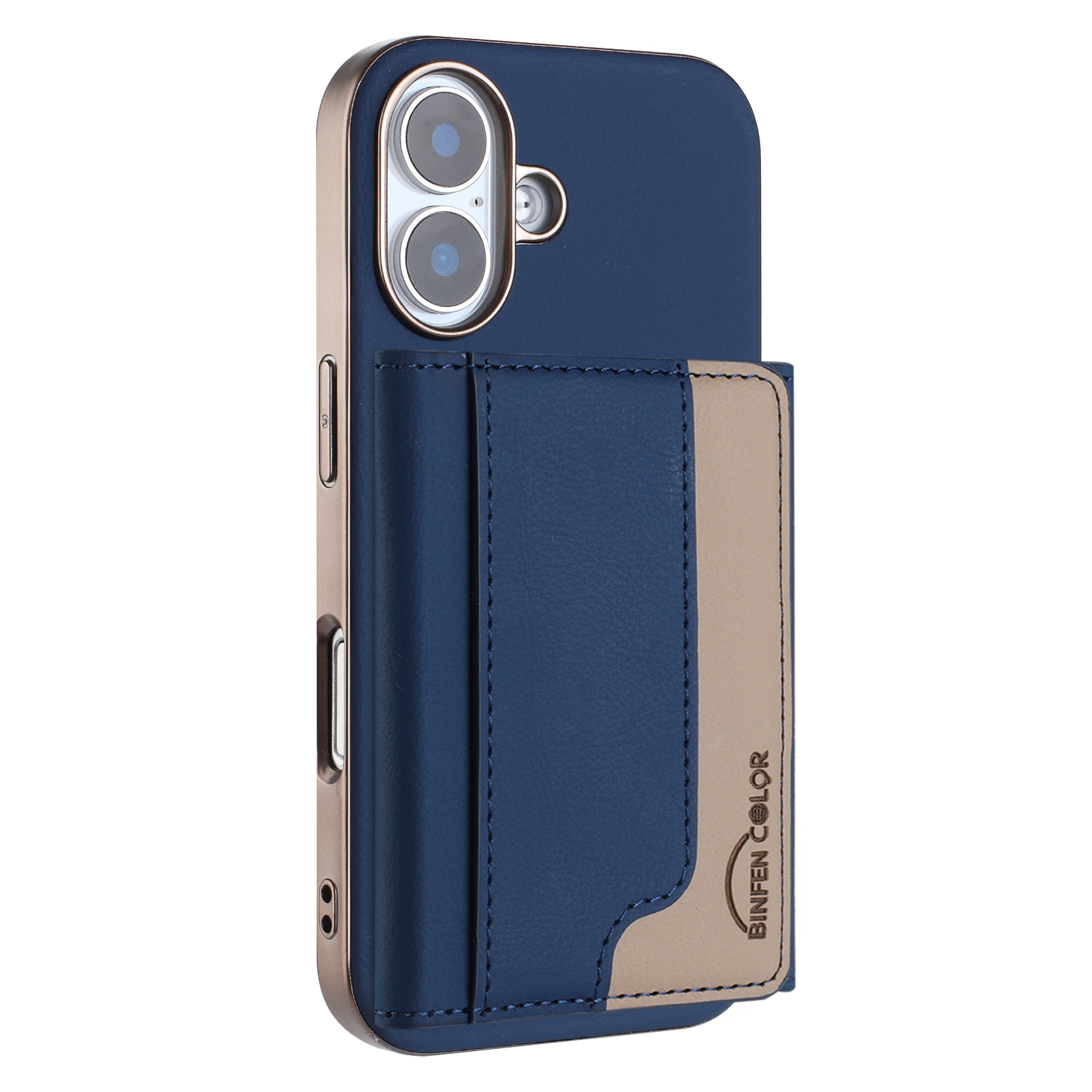 BINFEN COLOR For iPhone 16 Plus Case  BF37 Color Splicing Magnetic Card Holder Leather Back Cover - Dark Blue