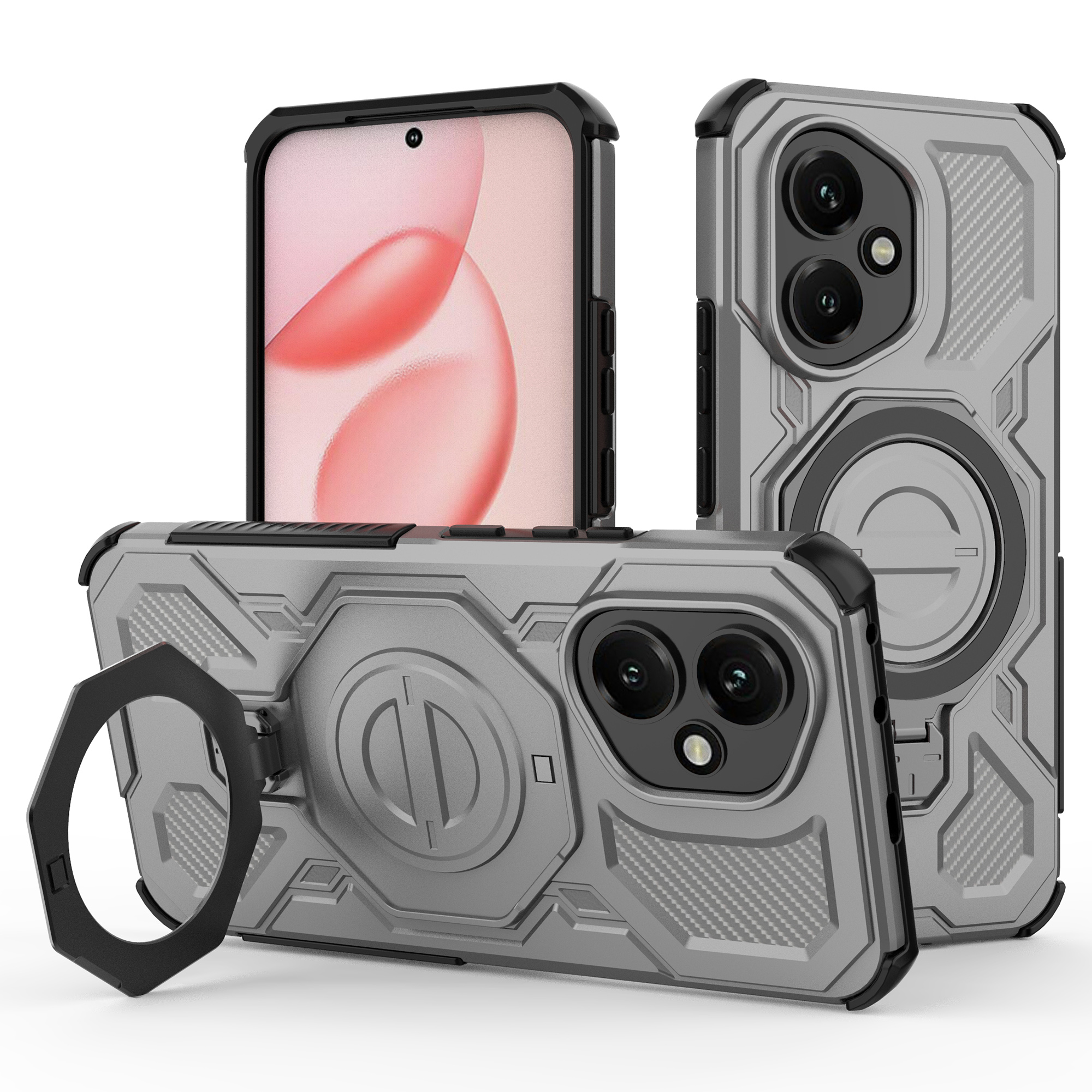 For Honor 400 5G (Global) Magnetic Case Rotating Metal Kickstand Shockproof PC + TPU Phone Back Cover - Grey