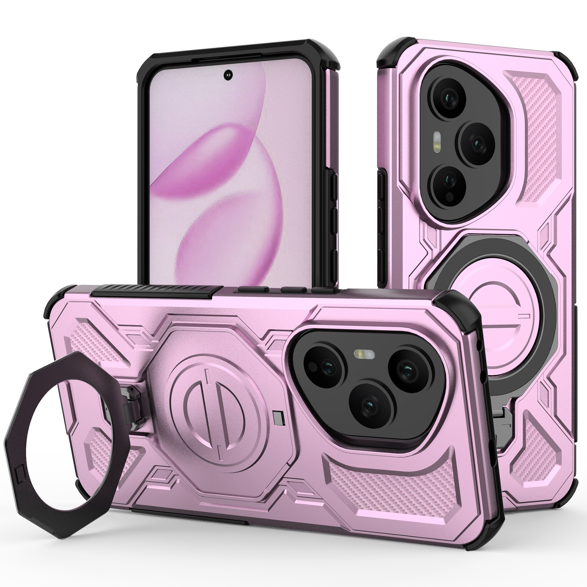 For Honor 400 Pro 5G (Global) Magnetic Case Rotating Metal Kickstand Shockproof PC + TPU Phone Back Cover - Pink