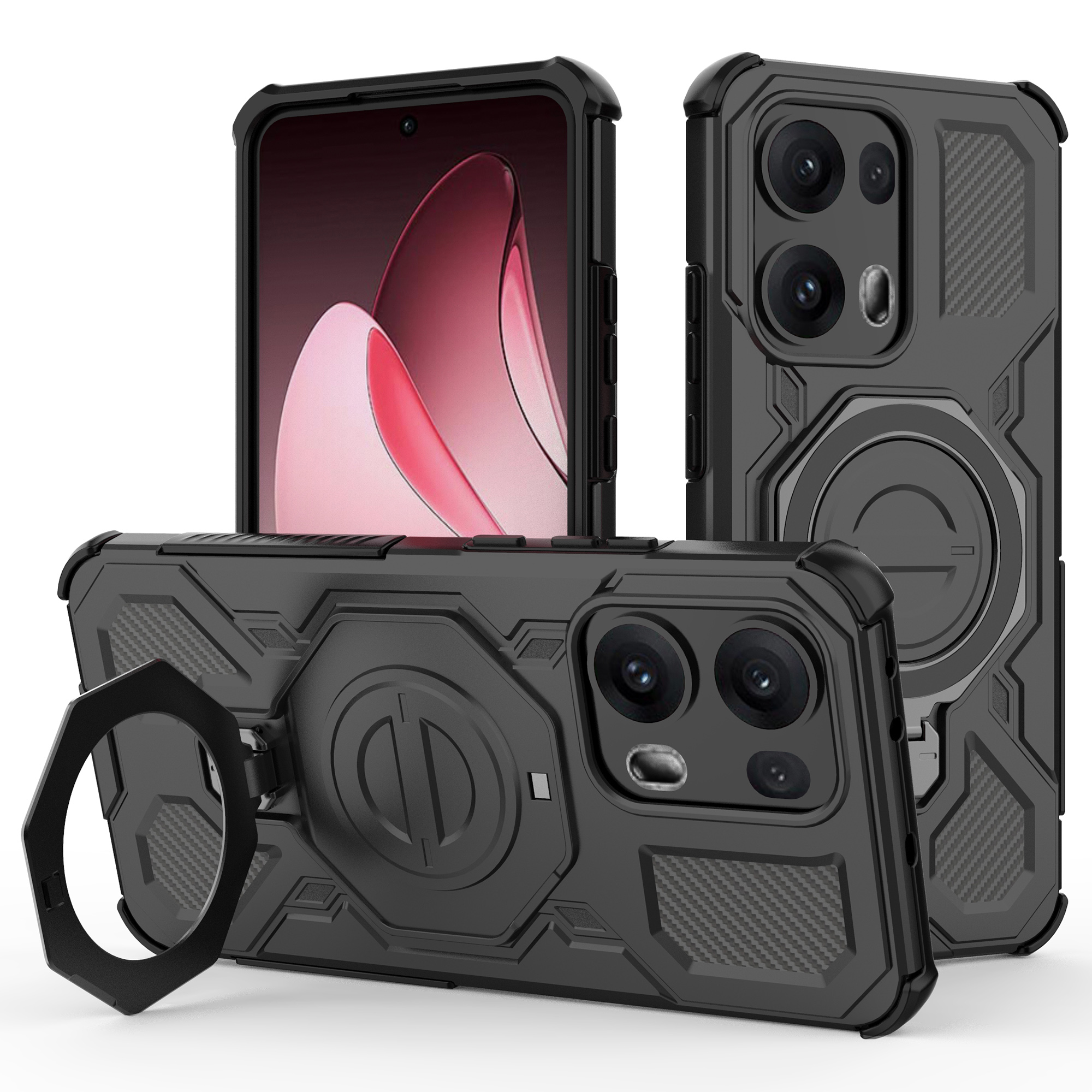 For Oppo Reno13 Pro 5G Magnetic Case Rotating Metal Kickstand Shockproof PC + TPU Phone Back Cover - Black