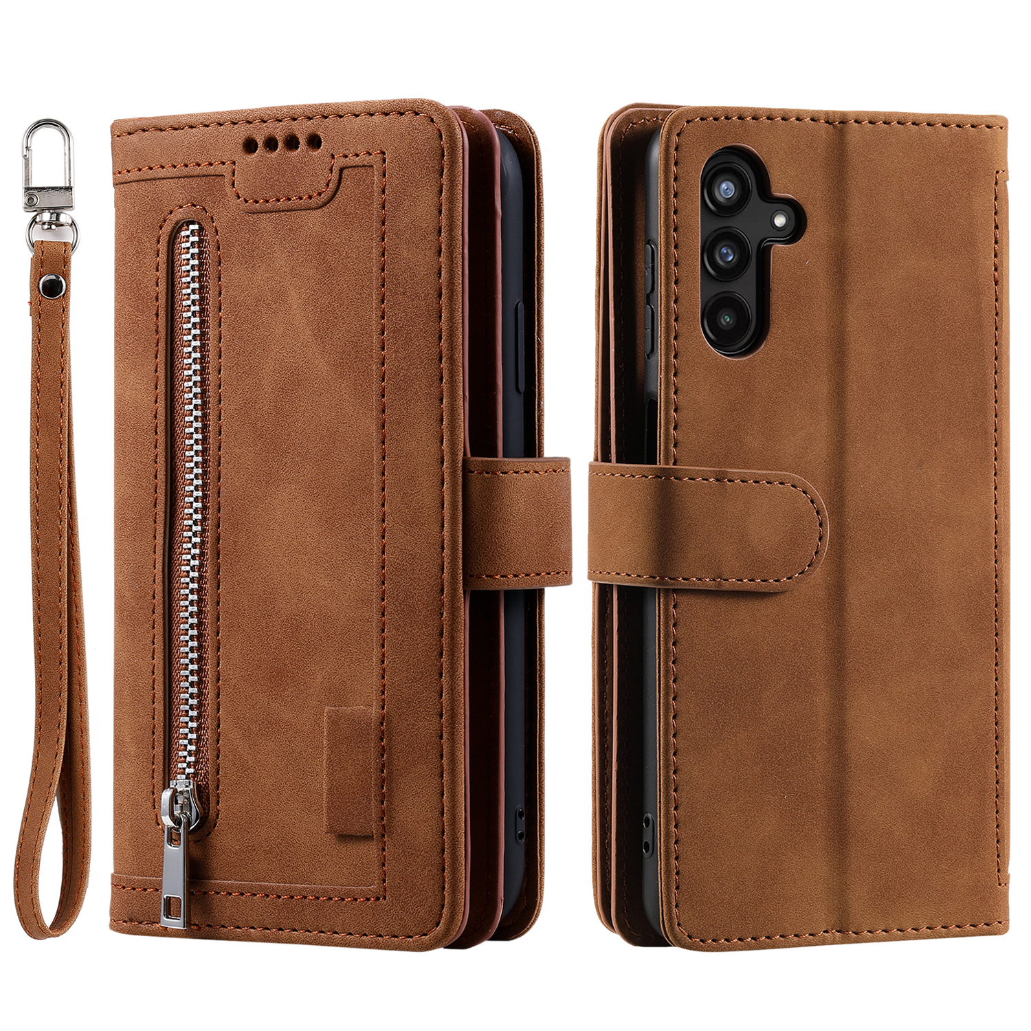 For Samsung Galaxy S25 FE Case 9 Card Slots Zipper Wallet PU Leather Phone Cover with Wrist Strap - Brown