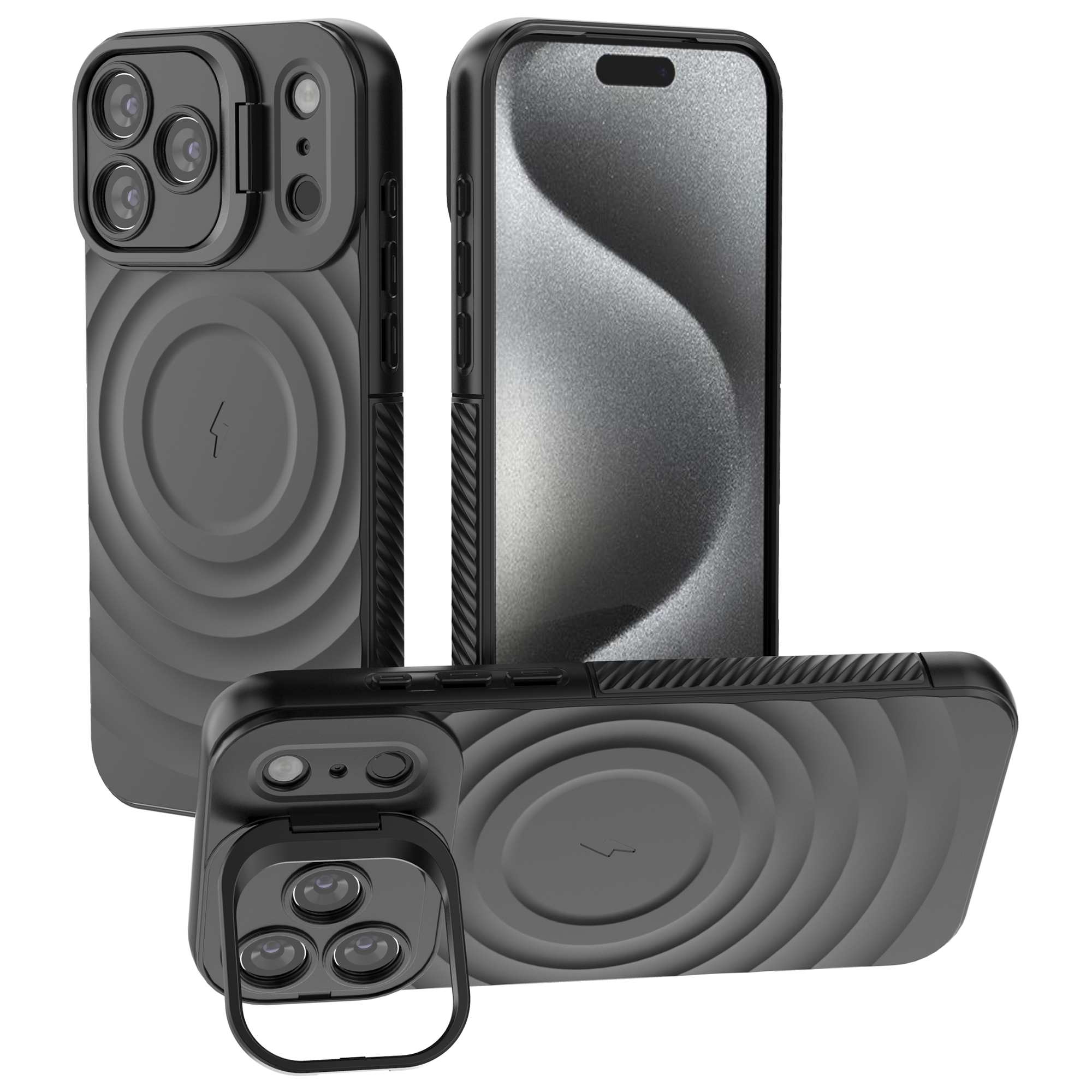 For iPhone 17 Pro Max Case Compatible with MagSafe PC Kickstand Ripple Texture TPU Phone Cover - Black