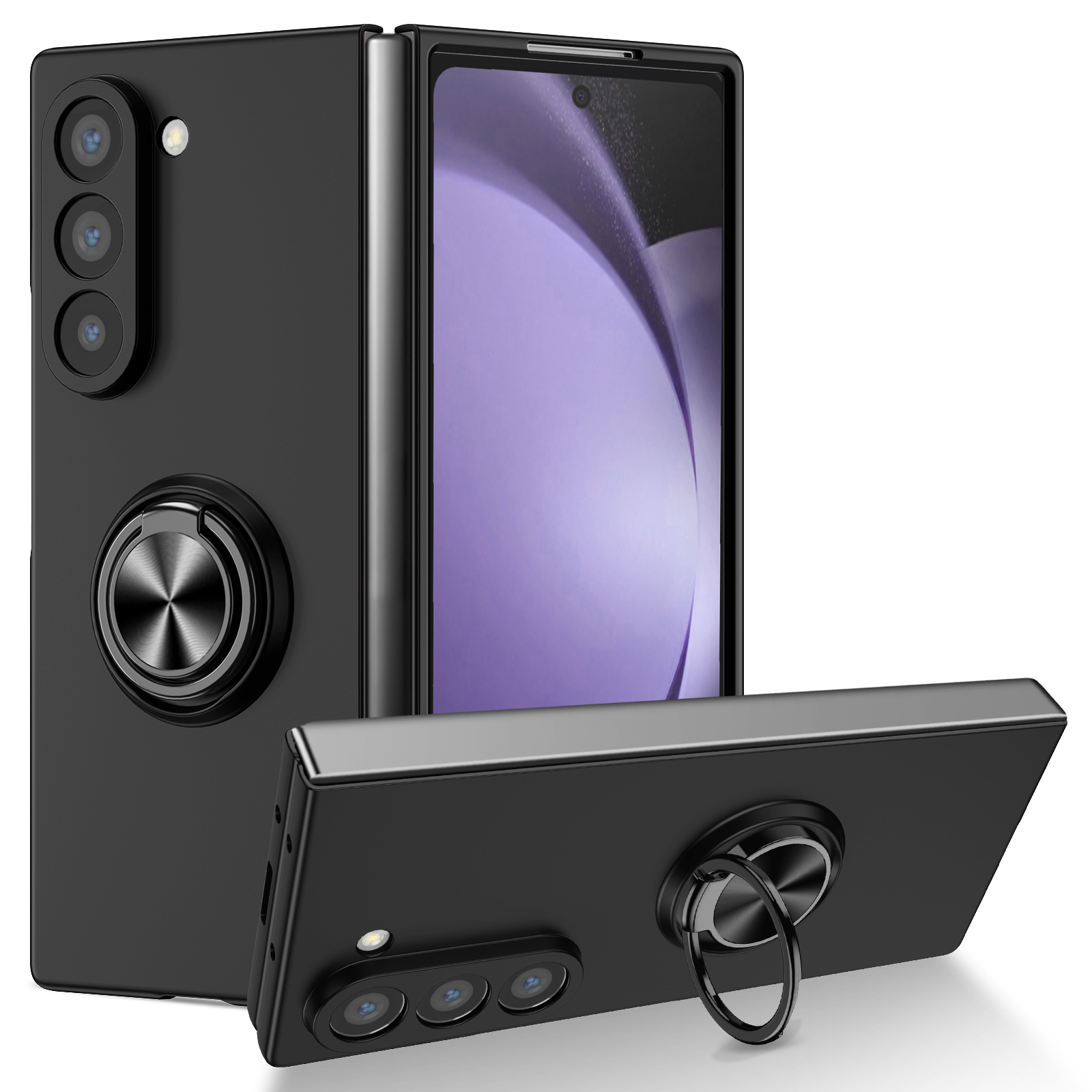For Samsung Galaxy Z Fold7  5G Case Rotatable Ring Kickstand Hard PC Phone Cover - Black
