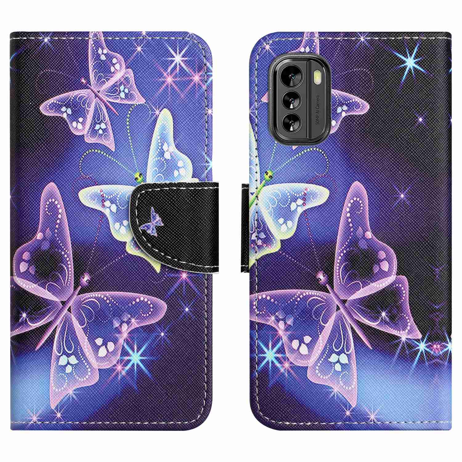 

Für Nokia G60 5G Cross Textur PU Leder Flip Ständer Brieftaschengehäuse Musterdruck Vollschutz Abdeckung - Funkelnde Schmetterlinge, Nokia G60 5G