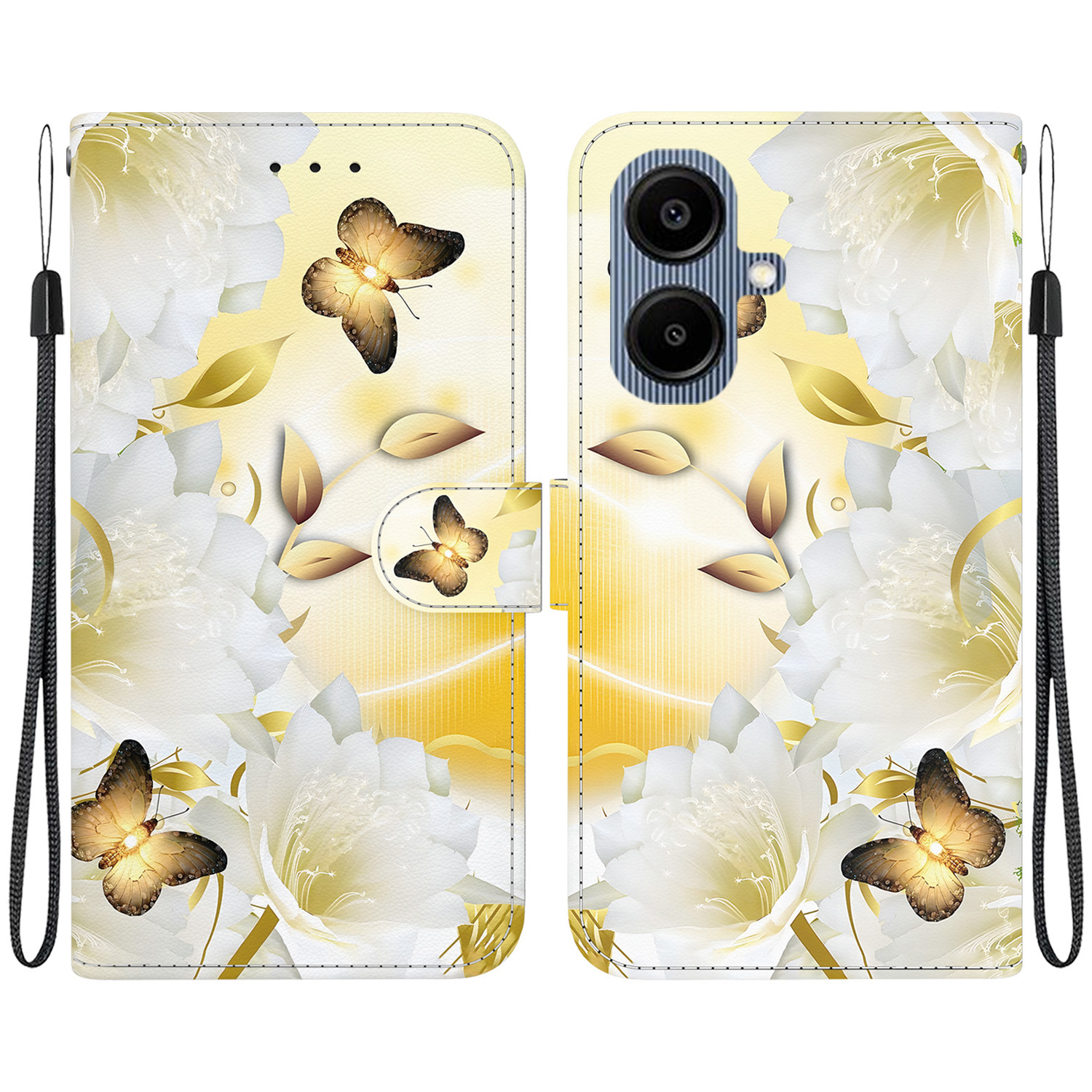 For Samsung Galaxy A07 5G / A07 4G / A06 4G / A06 5G Wallet Phone Case Anti-Drop Pattern Printing Leather Flip Cover with Strap - Gold Butterfly Flowe