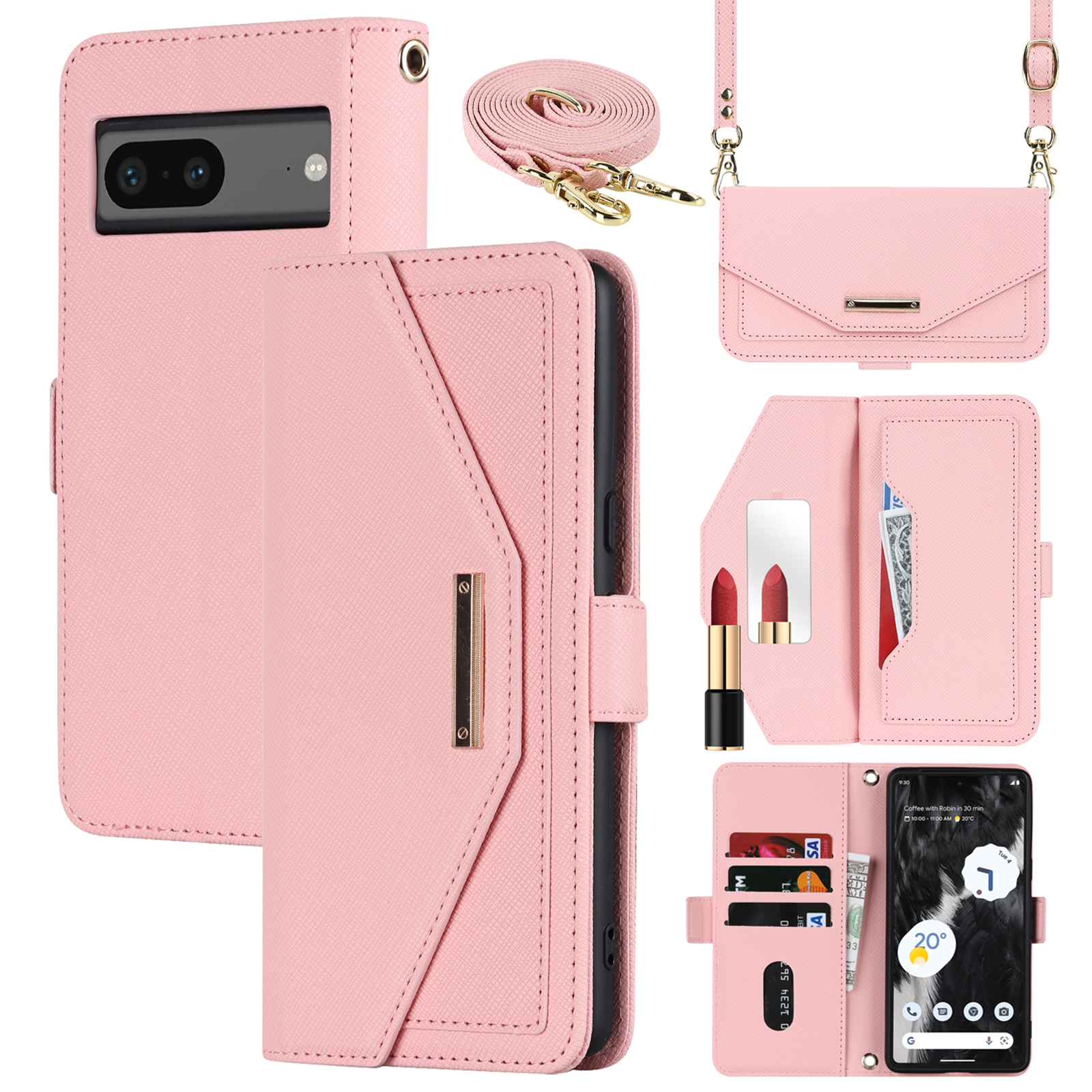 For Google Pixel 7 5G Stand Case Cross Texture PU Leather Wallet Phone Cover with Shoulder Strap  /  Makeup Mirror - Pink
