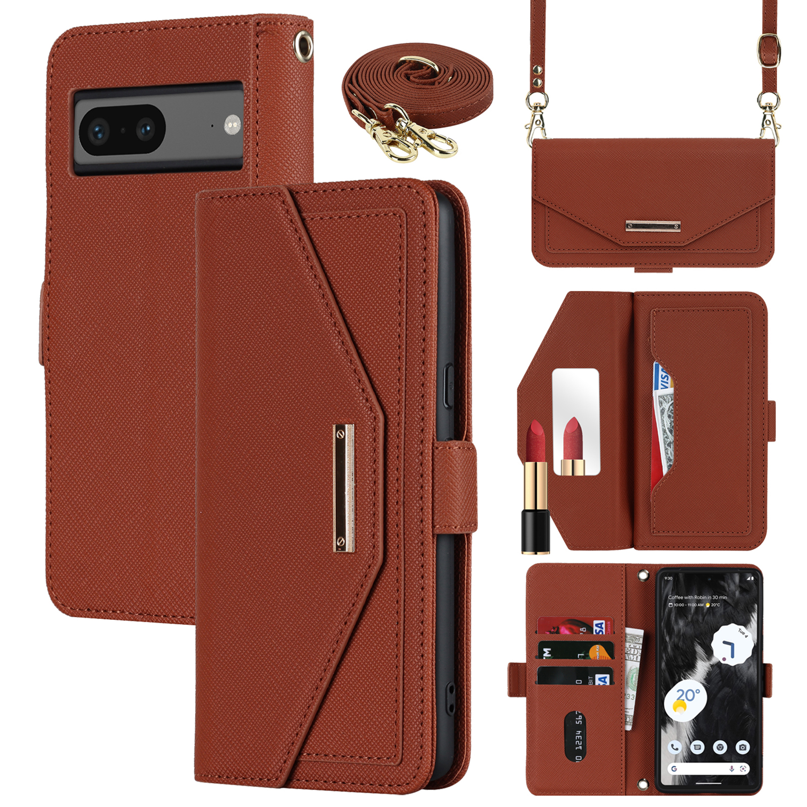 For Google Pixel 7 5G Stand Case Cross Texture PU Leather Wallet Phone Cover with Shoulder Strap  /  Makeup Mirror - Brown