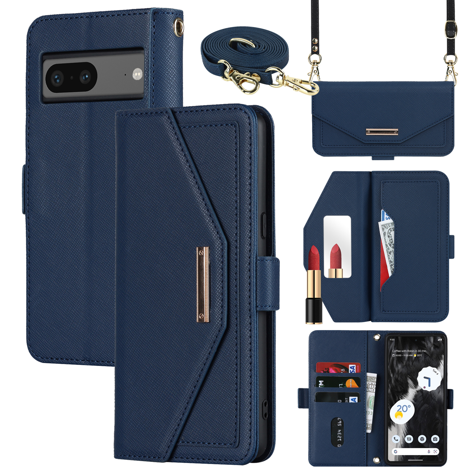 For Google Pixel 7 5G Stand Case Cross Texture PU Leather Wallet Phone Cover with Shoulder Strap  /  Makeup Mirror - Blue