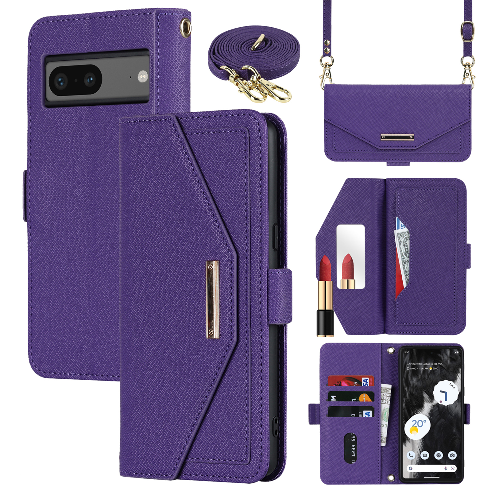 For Google Pixel 7 5G Stand Case Cross Texture PU Leather Wallet Phone Cover with Shoulder Strap  /  Makeup Mirror - Purple