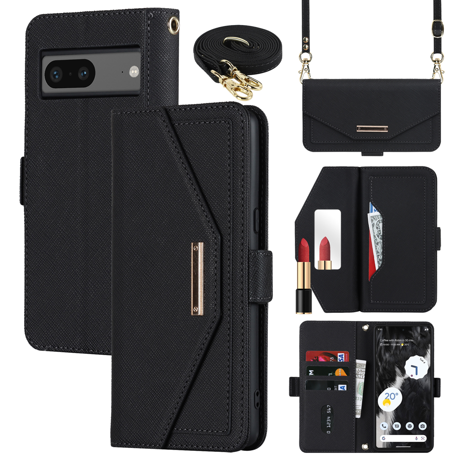 For Google Pixel 7 5G Stand Case Cross Texture PU Leather Wallet Phone Cover with Shoulder Strap  /  Makeup Mirror - Black