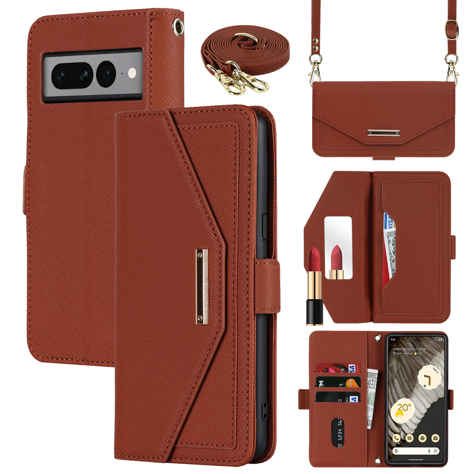 For Google Pixel 7 Pro 5G Stand Case Cross Texture PU Leather Wallet Phone Cover with Shoulder Strap  /  Makeup Mirror - Brown