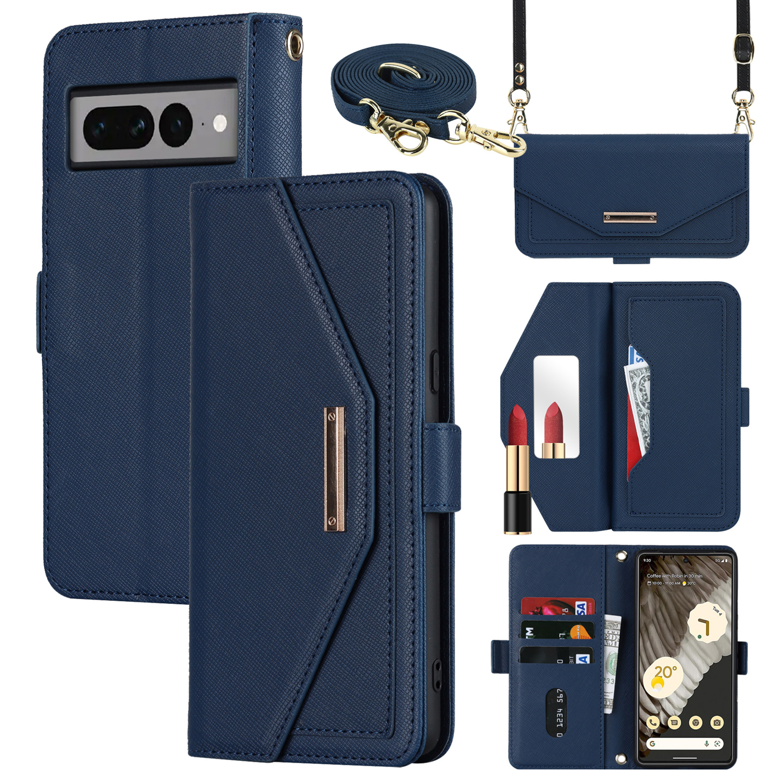 For Google Pixel 7 Pro 5G Stand Case Cross Texture PU Leather Wallet Phone Cover with Shoulder Strap  /  Makeup Mirror - Blue
