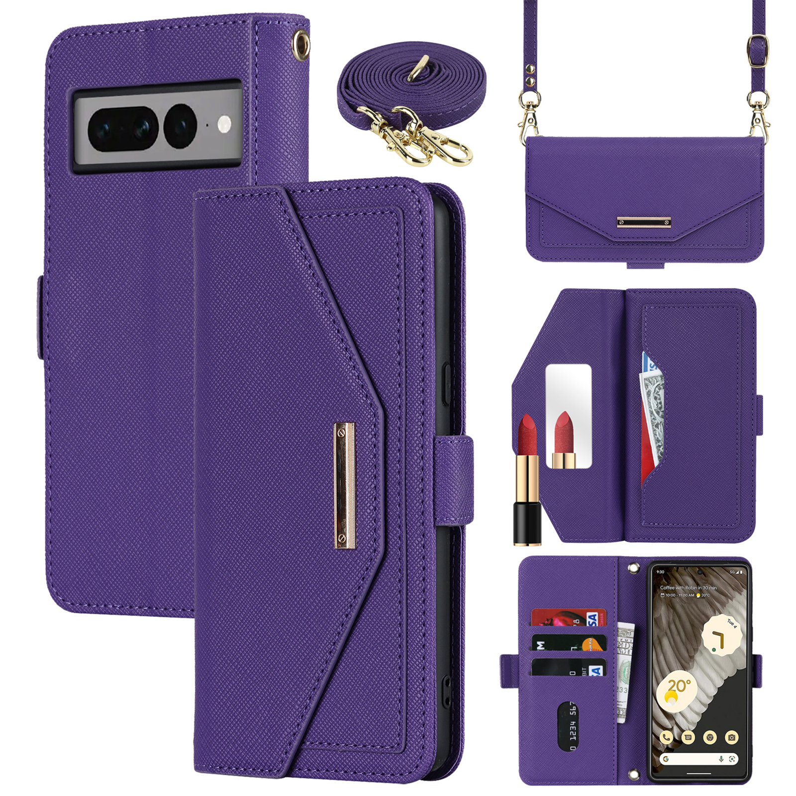 For Google Pixel 7 Pro 5G Stand Case Cross Texture PU Leather Wallet Phone Cover with Shoulder Strap  /  Makeup Mirror - Purple