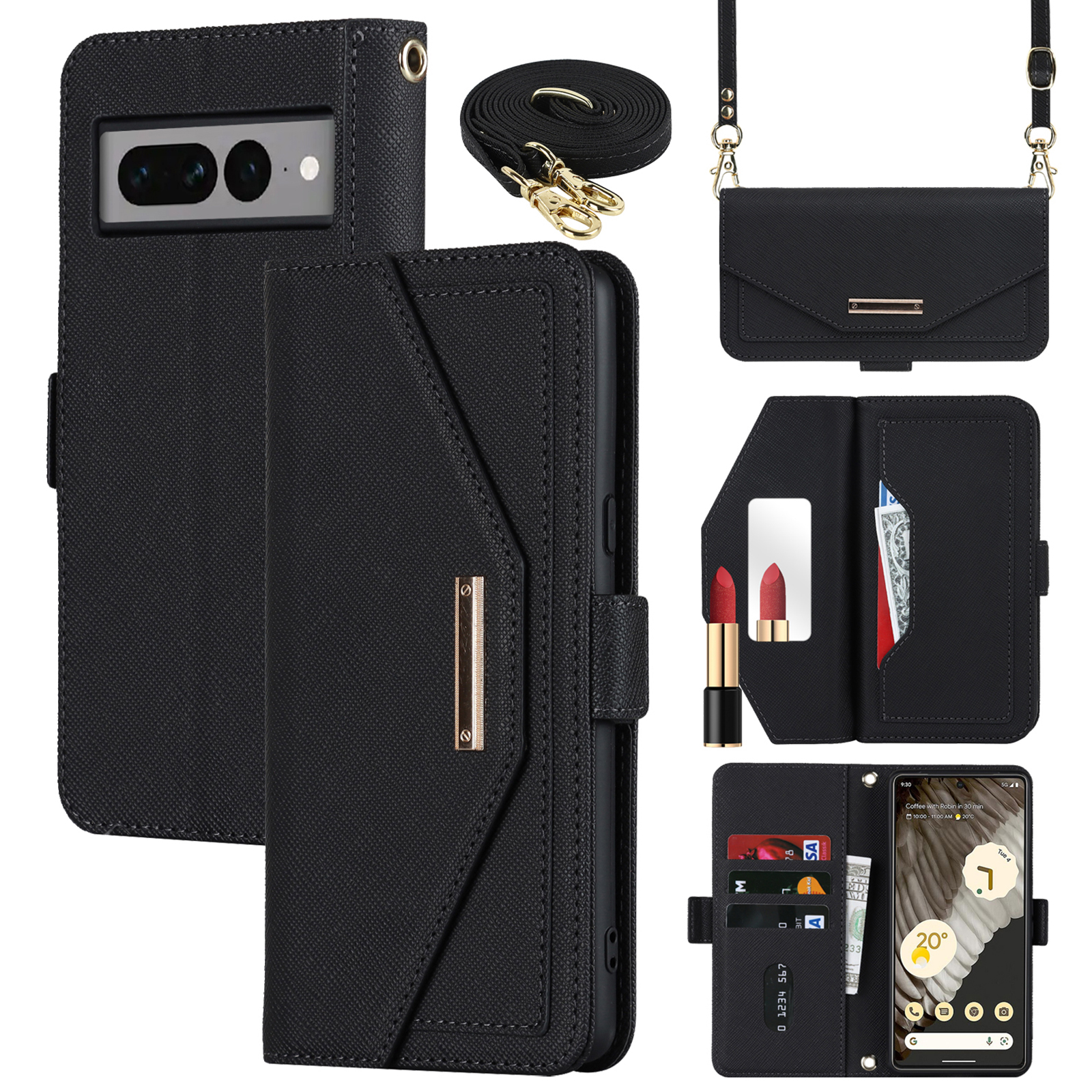 For Google Pixel 7 Pro 5G Stand Case Cross Texture PU Leather Wallet Phone Cover with Shoulder Strap  /  Makeup Mirror - Black