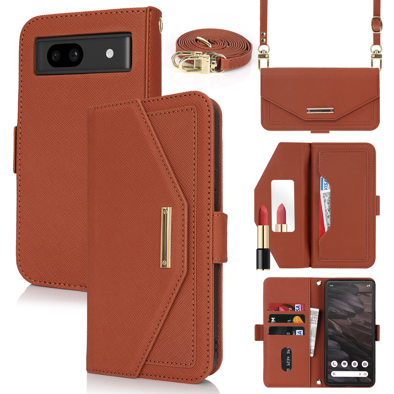 For Google Pixel 7a Stand Case Cross Texture PU Leather Wallet Phone Cover with Shoulder Strap  /  Makeup Mirror - Brown