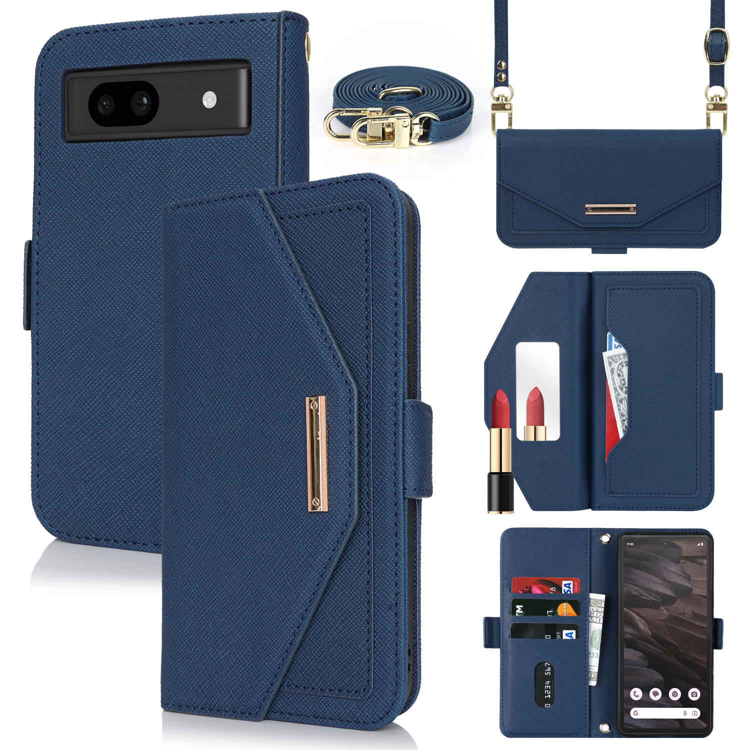For Google Pixel 7a Stand Case Cross Texture PU Leather Wallet Phone Cover with Shoulder Strap  /  Makeup Mirror - Blue