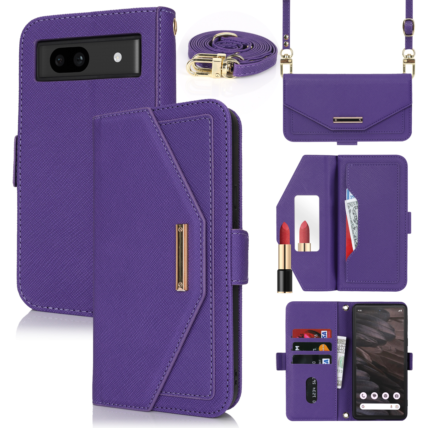 For Google Pixel 7a Stand Case Cross Texture PU Leather Wallet Phone Cover with Shoulder Strap  /  Makeup Mirror - Purple