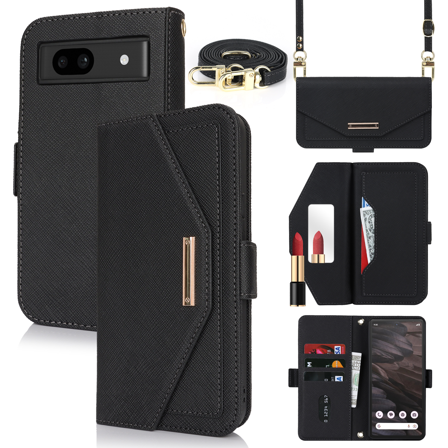 For Google Pixel 7a Stand Case Cross Texture PU Leather Wallet Phone Cover with Shoulder Strap  /  Makeup Mirror - Black