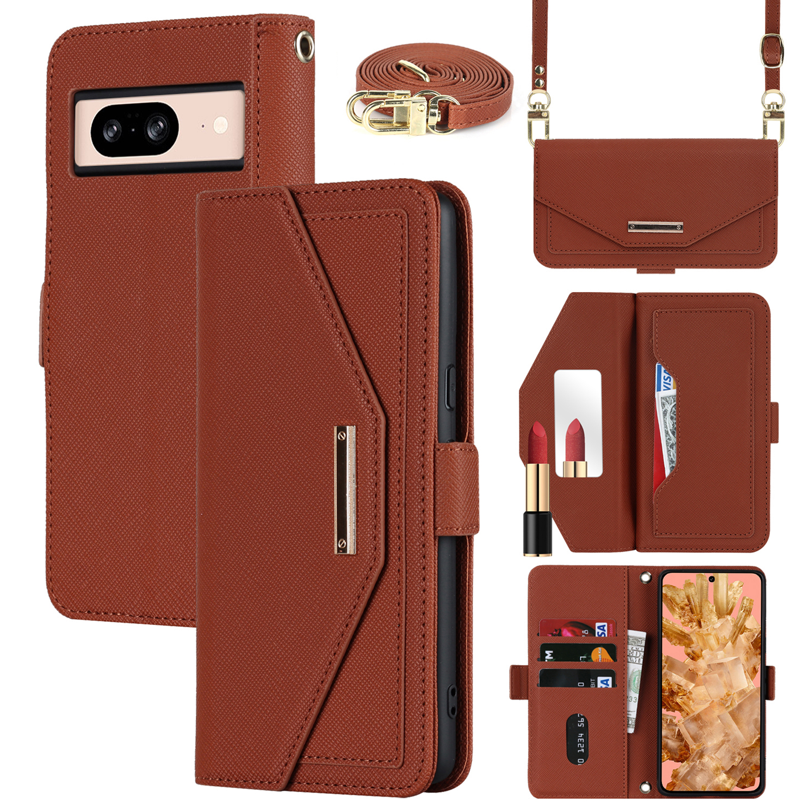 For Google Pixel 8 Stand Case Cross Texture PU Leather Wallet Phone Cover with Shoulder Strap  /  Makeup Mirror - Brown