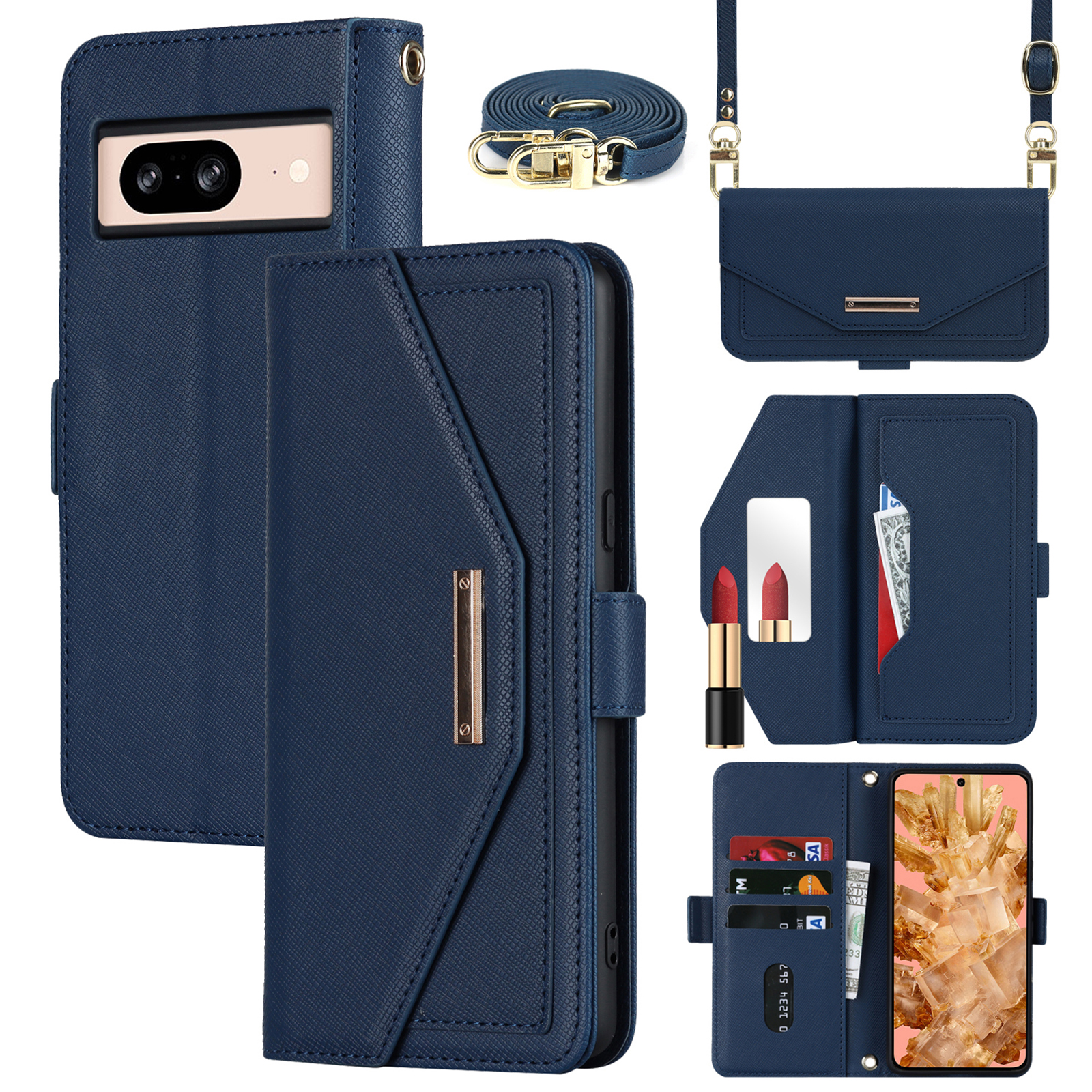 For Google Pixel 8 Stand Case Cross Texture PU Leather Wallet Phone Cover with Shoulder Strap  /  Makeup Mirror - Blue
