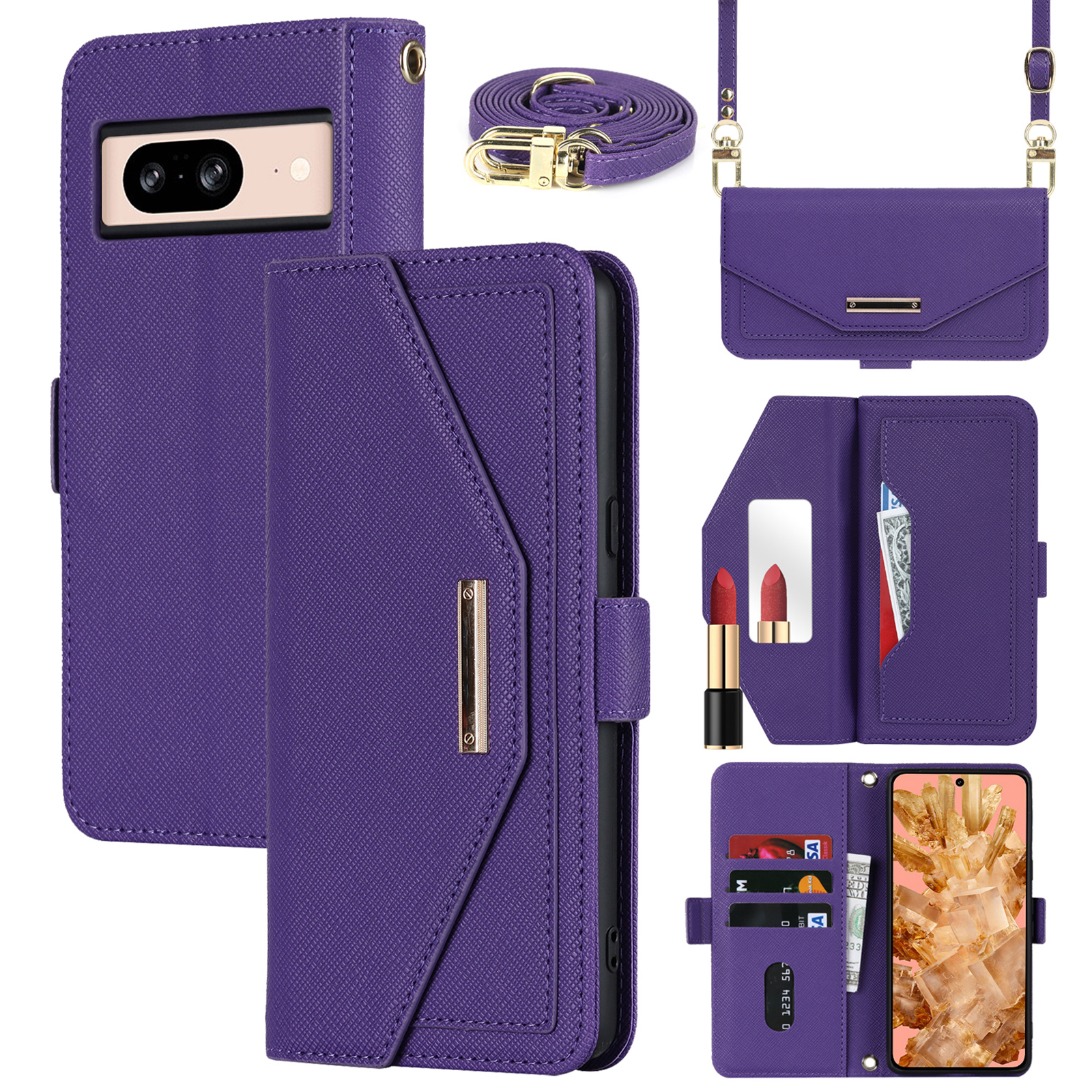 For Google Pixel 8 Stand Case Cross Texture PU Leather Wallet Phone Cover with Shoulder Strap  /  Makeup Mirror - Purple