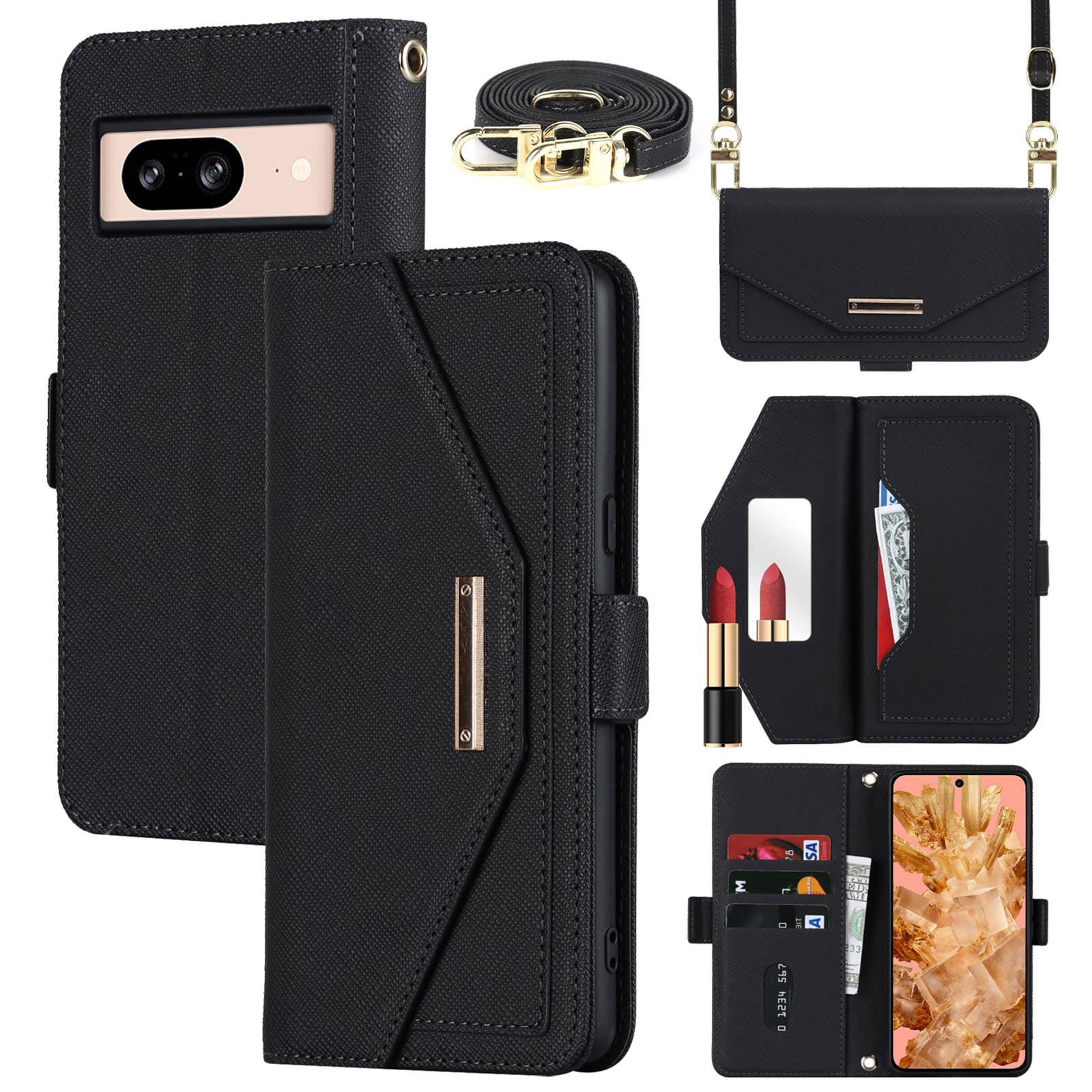 For Google Pixel 8 Stand Case Cross Texture PU Leather Wallet Phone Cover with Shoulder Strap  /  Makeup Mirror - Black