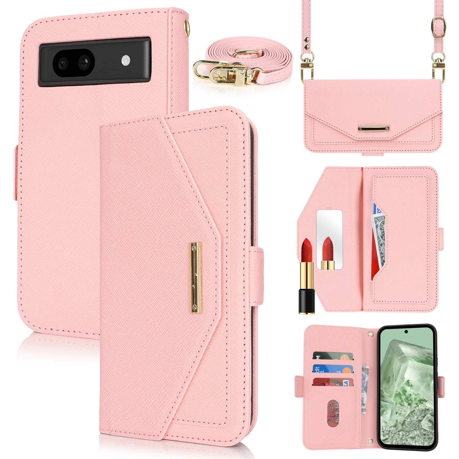For Google Pixel 8a Stand Case Cross Texture PU Leather Wallet Phone Cover with Shoulder Strap  /  Makeup Mirror - Pink