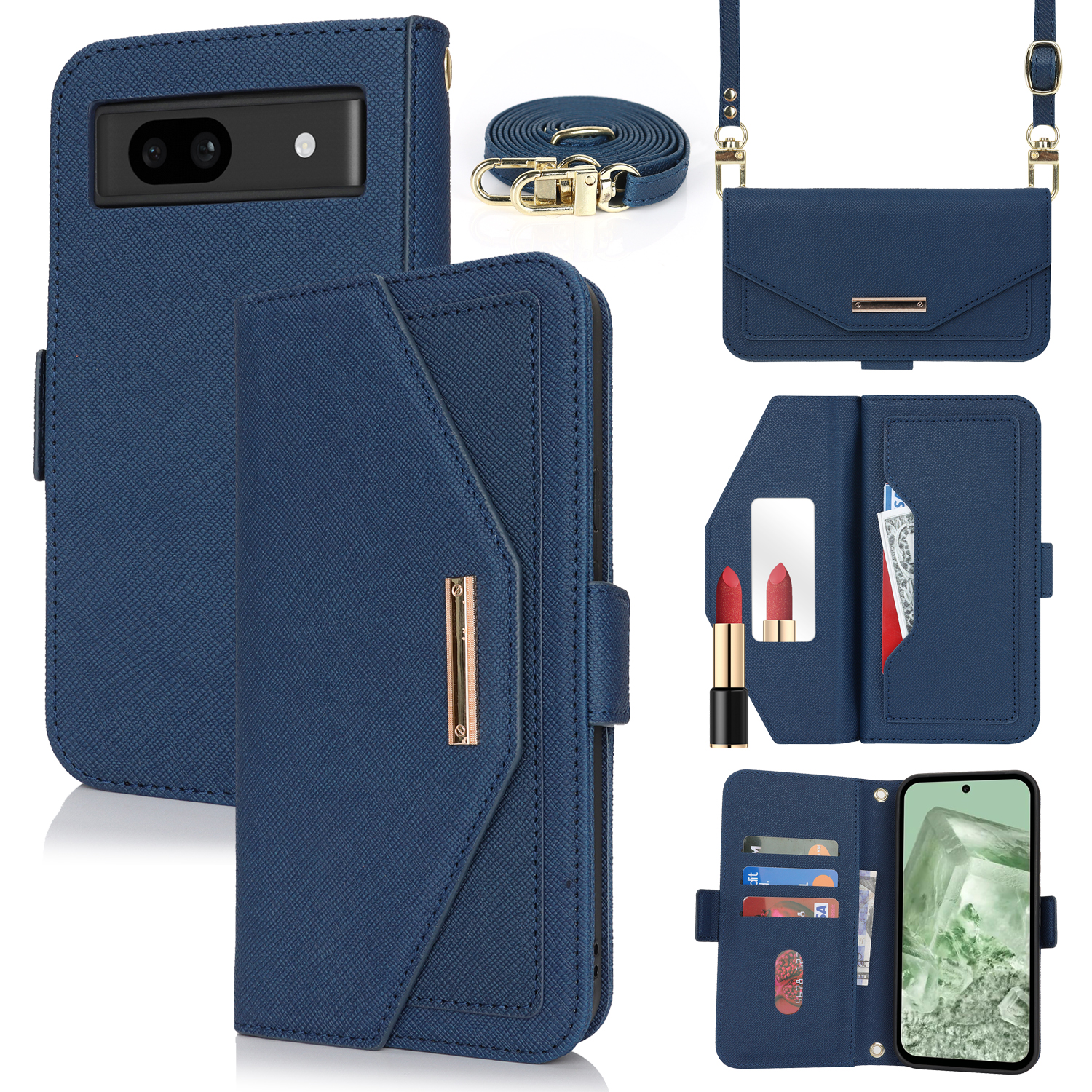 For Google Pixel 8a Stand Case Cross Texture PU Leather Wallet Phone Cover with Shoulder Strap  /  Makeup Mirror - Blue