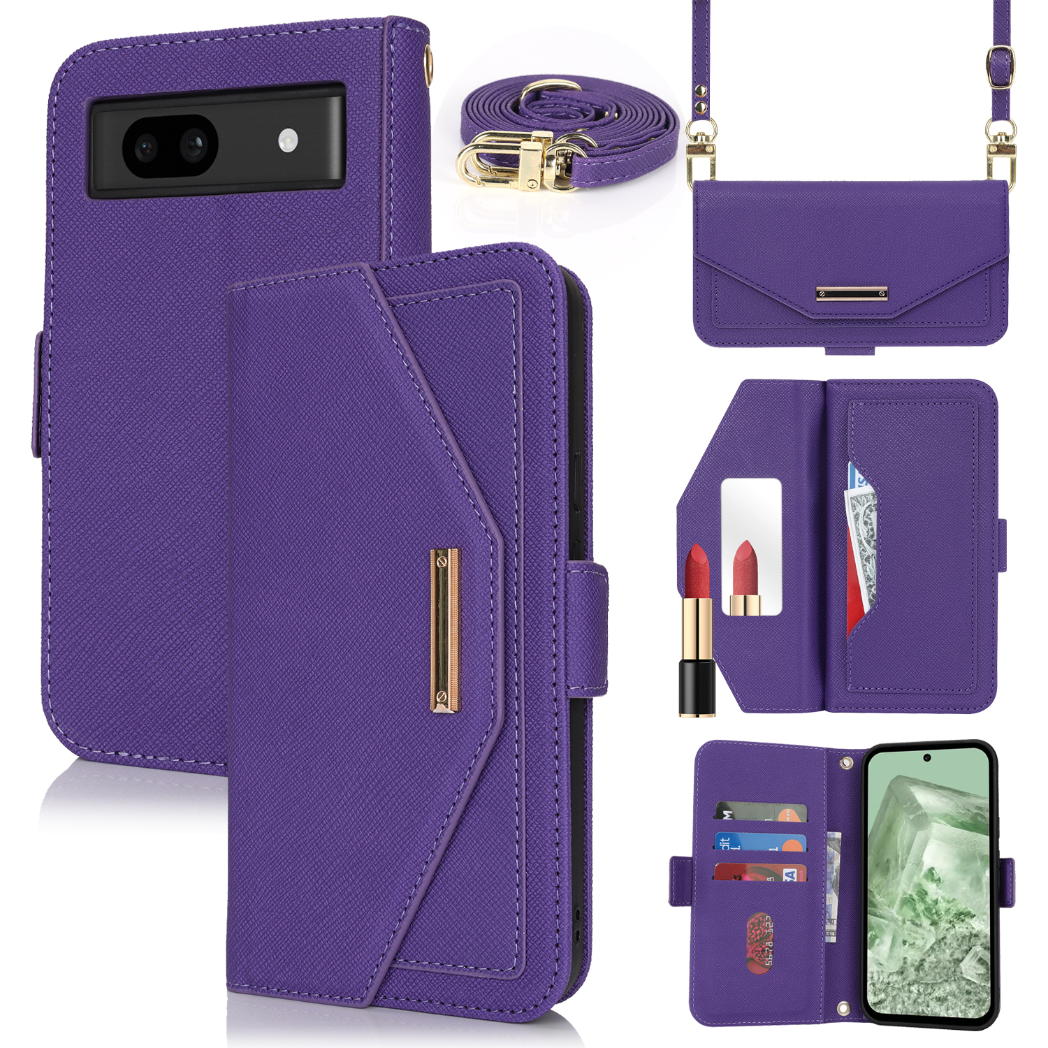 For Google Pixel 8a Stand Case Cross Texture PU Leather Wallet Phone Cover with Shoulder Strap  /  Makeup Mirror - Purple