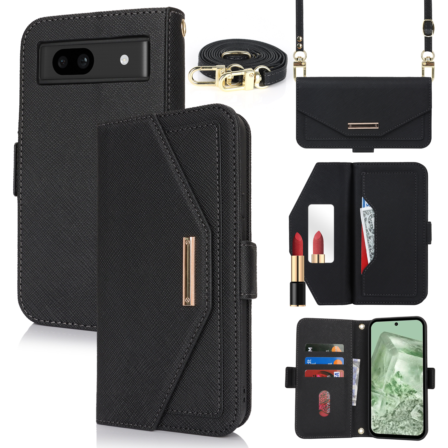 For Google Pixel 8a Stand Case Cross Texture PU Leather Wallet Phone Cover with Shoulder Strap  /  Makeup Mirror - Black