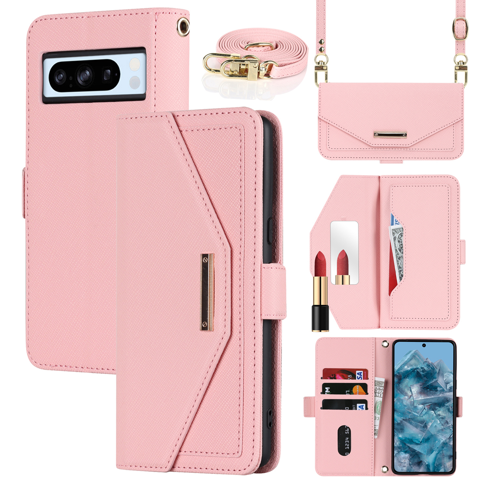 For Google Pixel 8 Pro Stand Case Cross Texture PU Leather Wallet Phone Cover with Shoulder Strap  /  Makeup Mirror - Pink