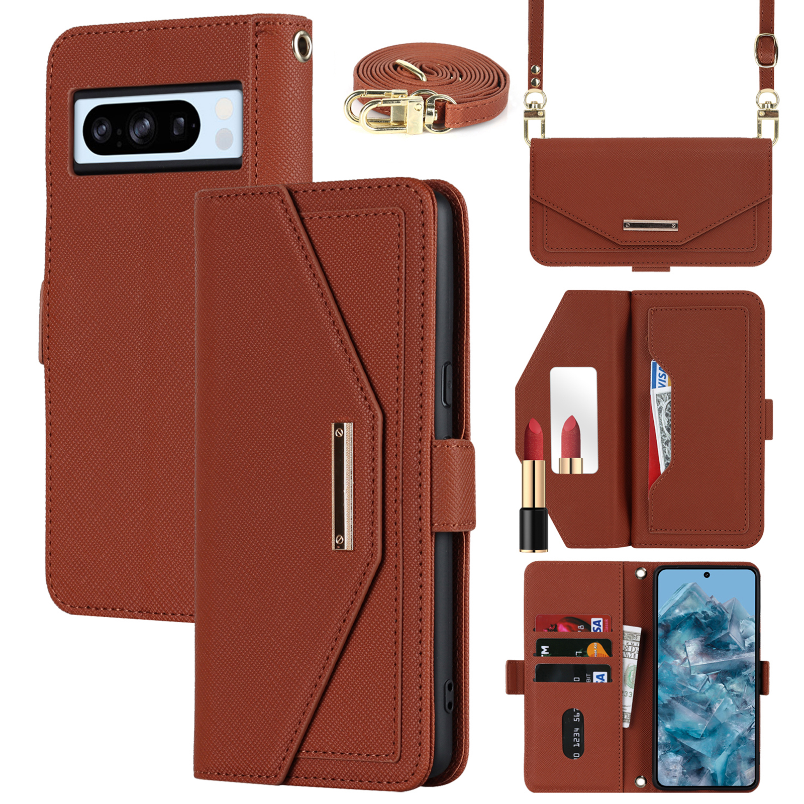 For Google Pixel 8 Pro Stand Case Cross Texture PU Leather Wallet Phone Cover with Shoulder Strap  /  Makeup Mirror - Brown
