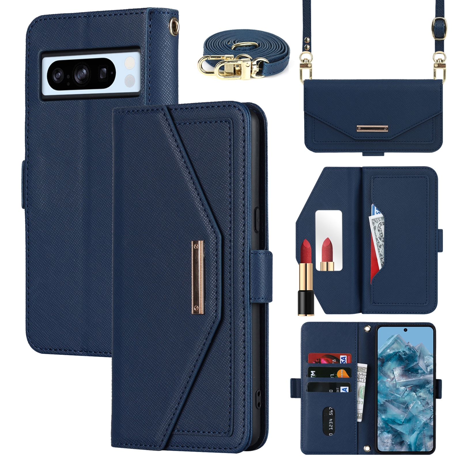 For Google Pixel 8 Pro Stand Case Cross Texture PU Leather Wallet Phone Cover with Shoulder Strap  /  Makeup Mirror - Blue