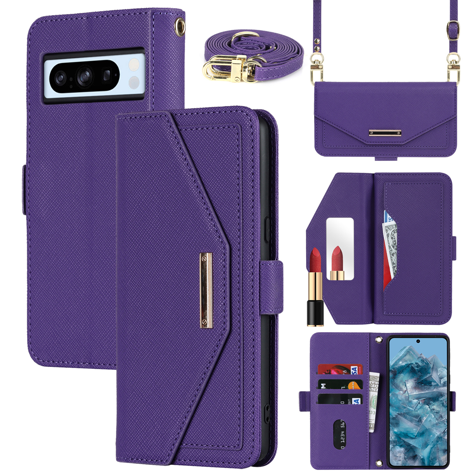 For Google Pixel 8 Pro Stand Case Cross Texture PU Leather Wallet Phone Cover with Shoulder Strap  /  Makeup Mirror - Purple