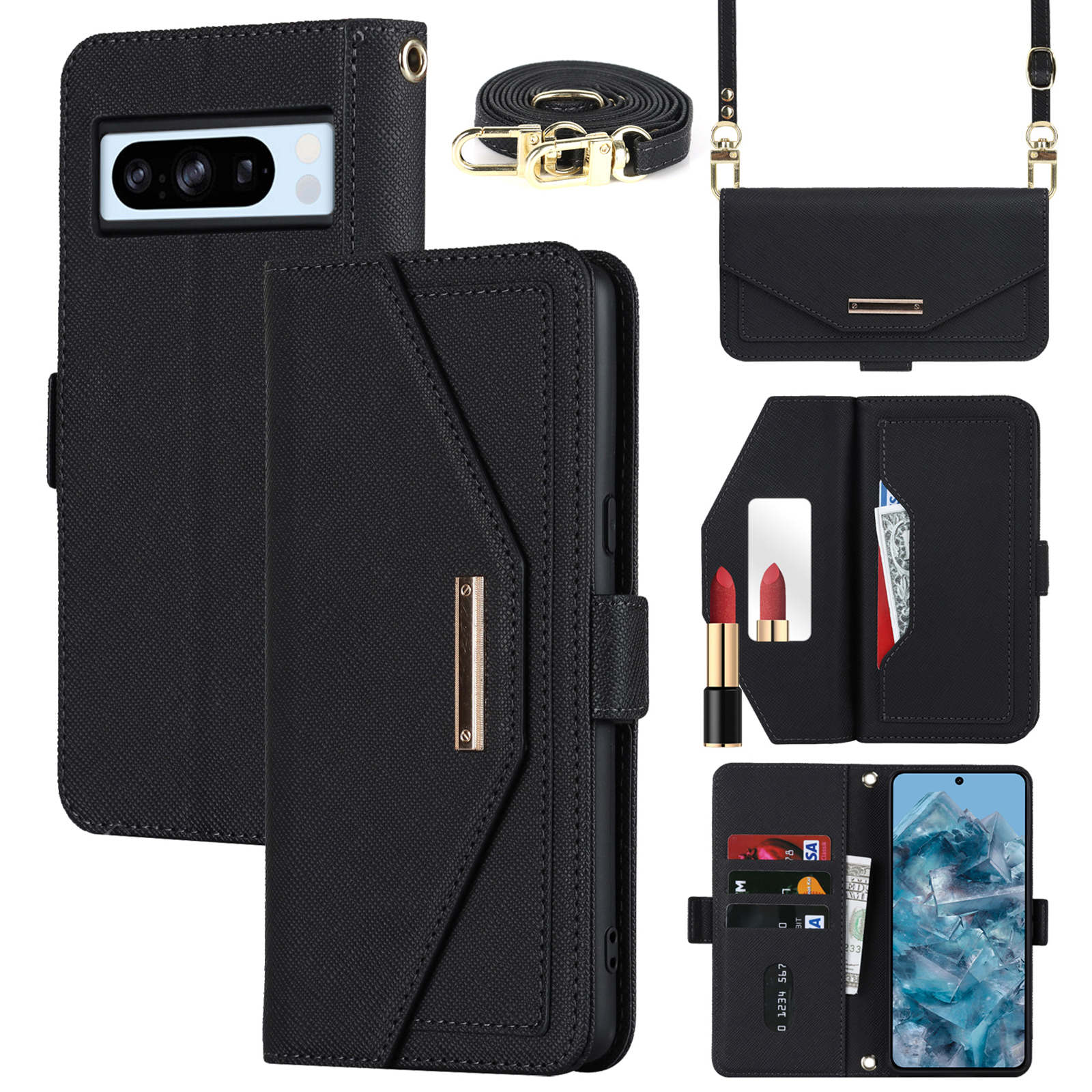 For Google Pixel 8 Pro Stand Case Cross Texture PU Leather Wallet Phone Cover with Shoulder Strap  /  Makeup Mirror - Black