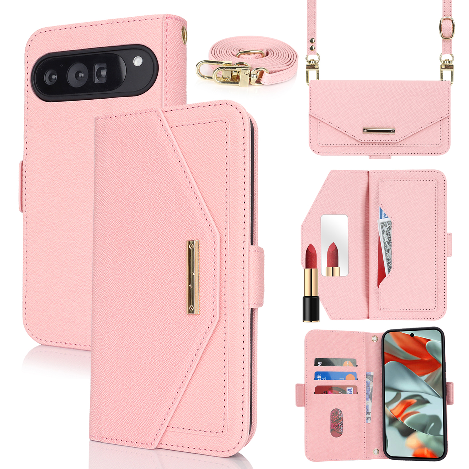 For Google Pixel 9 Pro XL Stand Case Cross Texture PU Leather Wallet Phone Cover with Shoulder Strap  /  Makeup Mirror - Pink