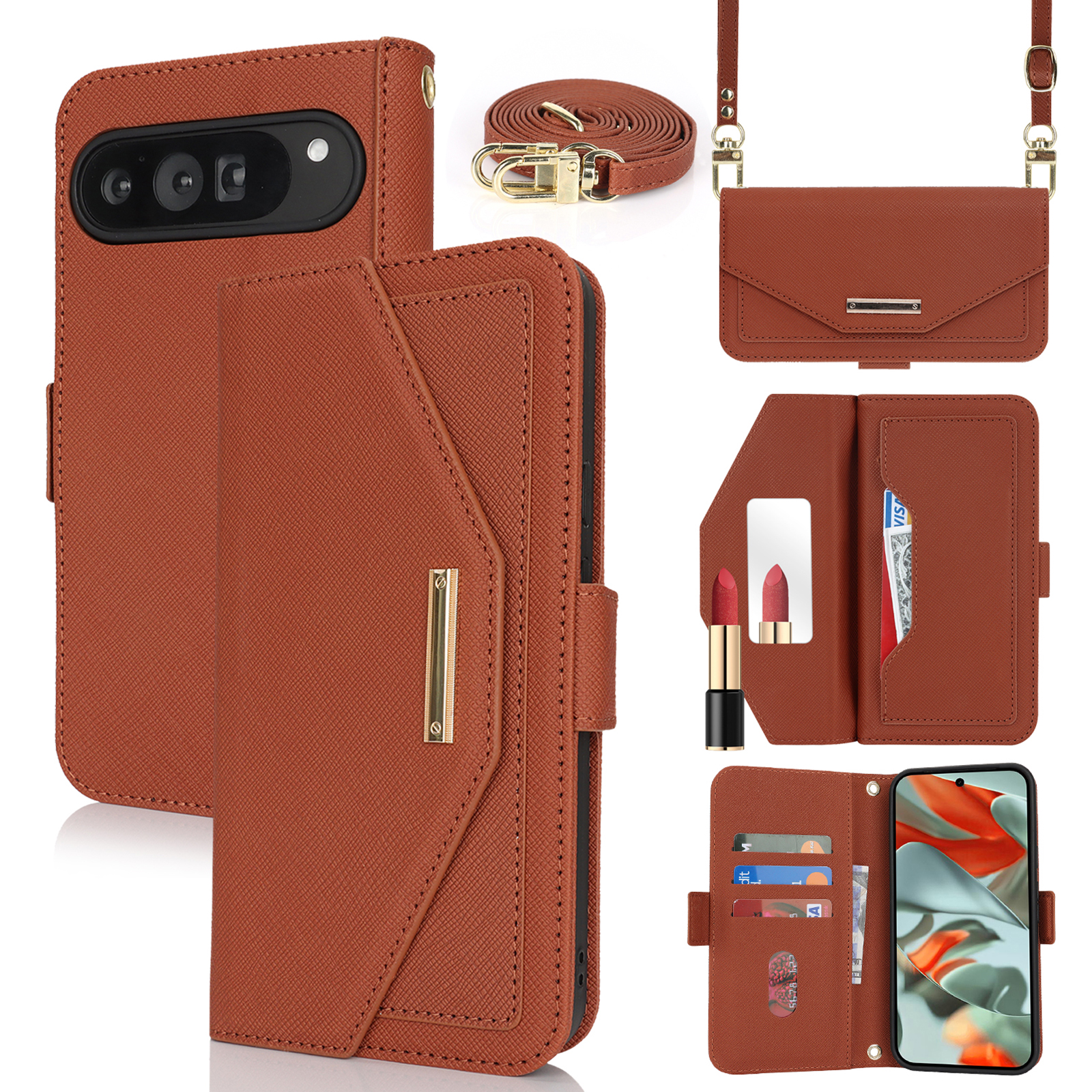 For Google Pixel 9 Pro XL Stand Case Cross Texture PU Leather Wallet Phone Cover with Shoulder Strap  /  Makeup Mirror - Brown