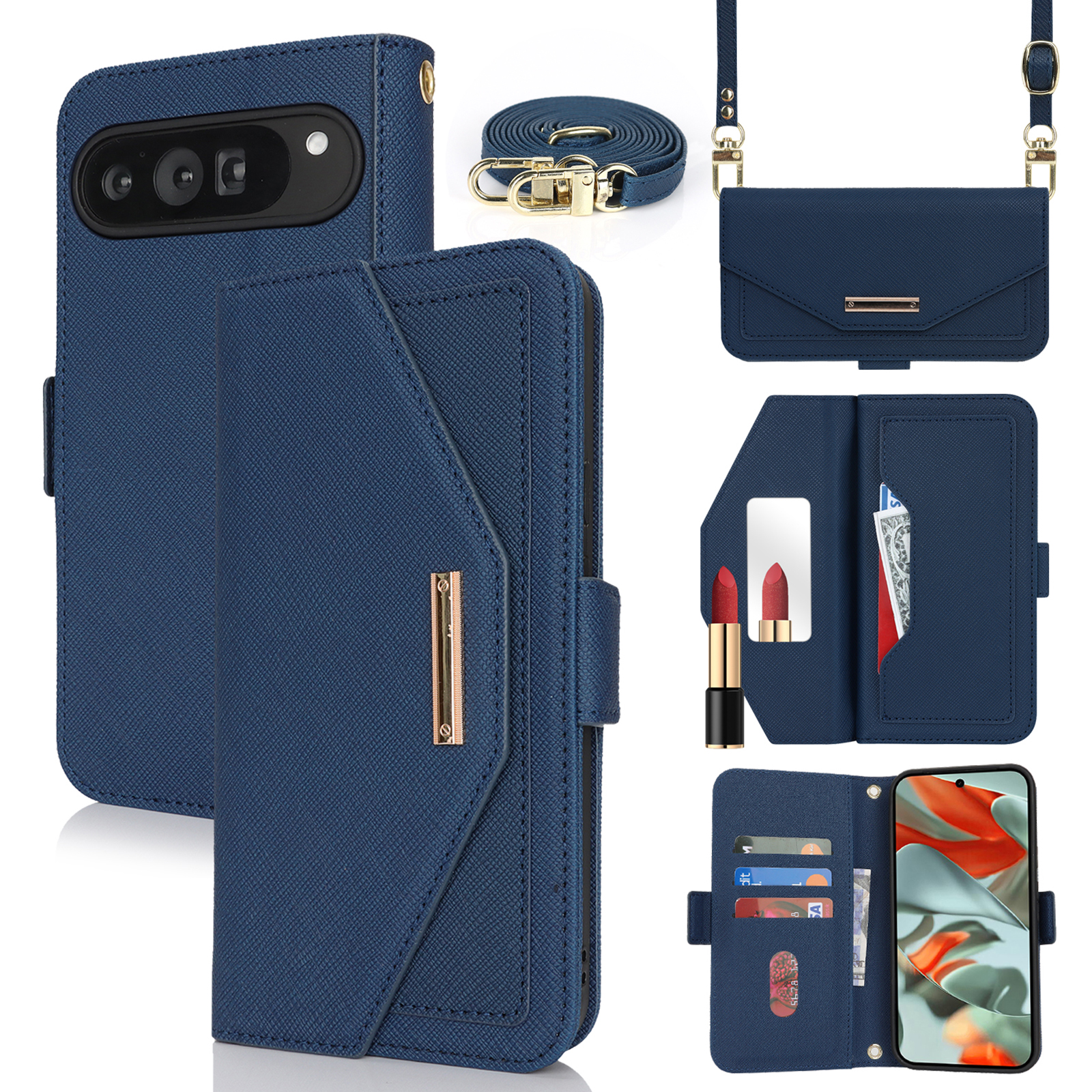 For Google Pixel 9 Pro XL Stand Case Cross Texture PU Leather Wallet Phone Cover with Shoulder Strap  /  Makeup Mirror - Blue