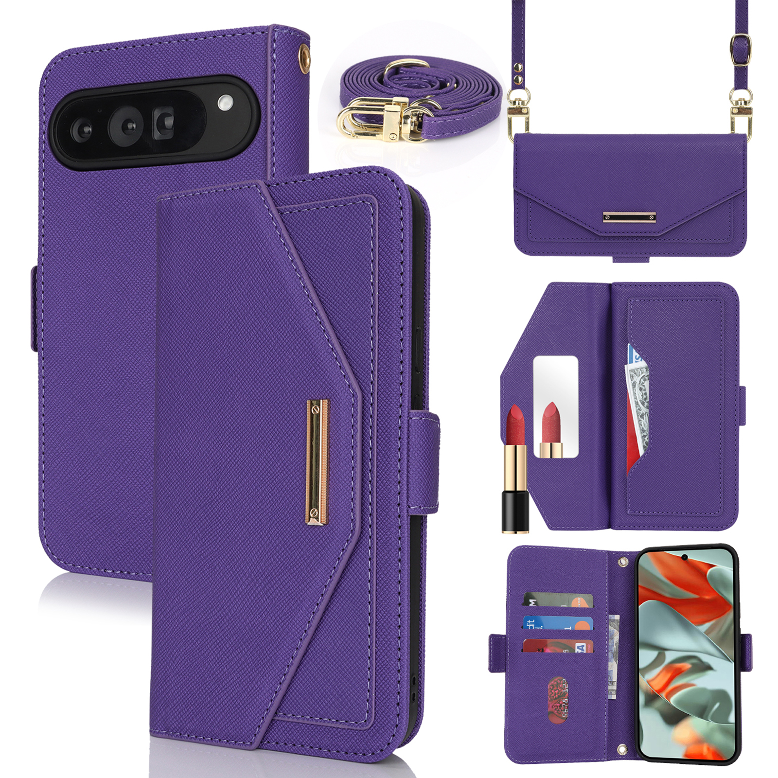 For Google Pixel 9 Pro XL Stand Case Cross Texture PU Leather Wallet Phone Cover with Shoulder Strap  /  Makeup Mirror - Purple