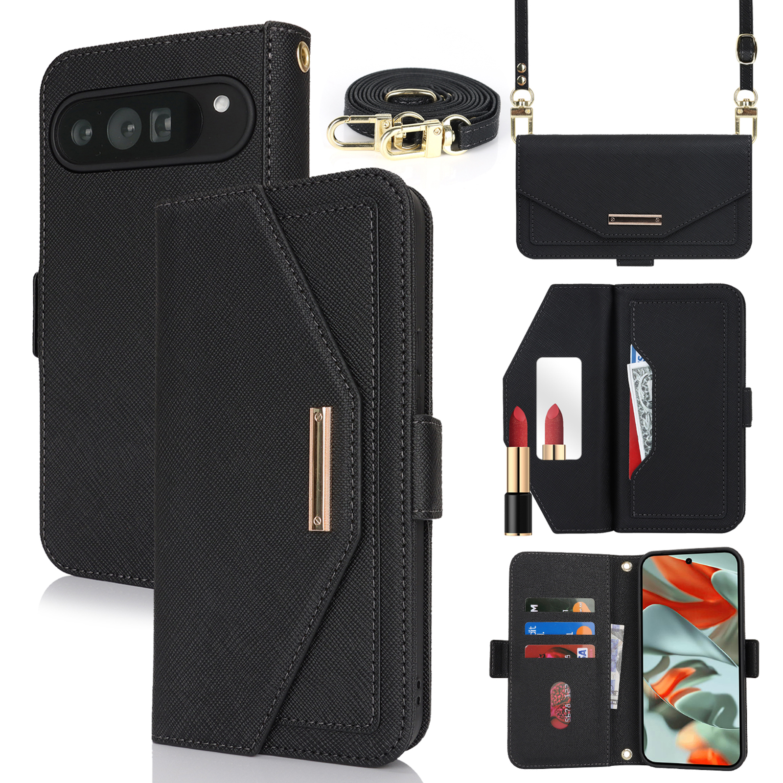 For Google Pixel 9 Pro XL Stand Case Cross Texture PU Leather Wallet Phone Cover with Shoulder Strap  /  Makeup Mirror - Black