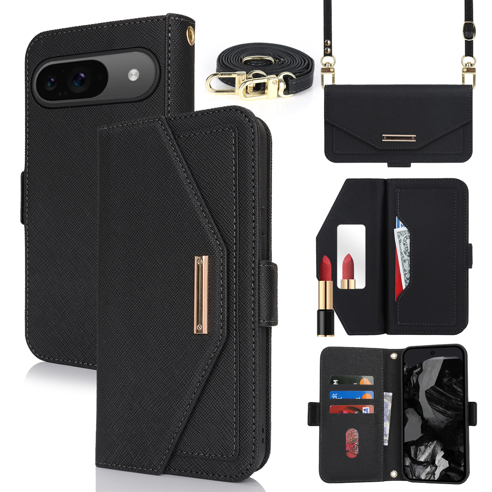For Google Pixel 9 / 9 Pro Stand Case Cross Texture PU Leather Wallet Phone Cover with Shoulder Strap  /  Makeup Mirror - Black