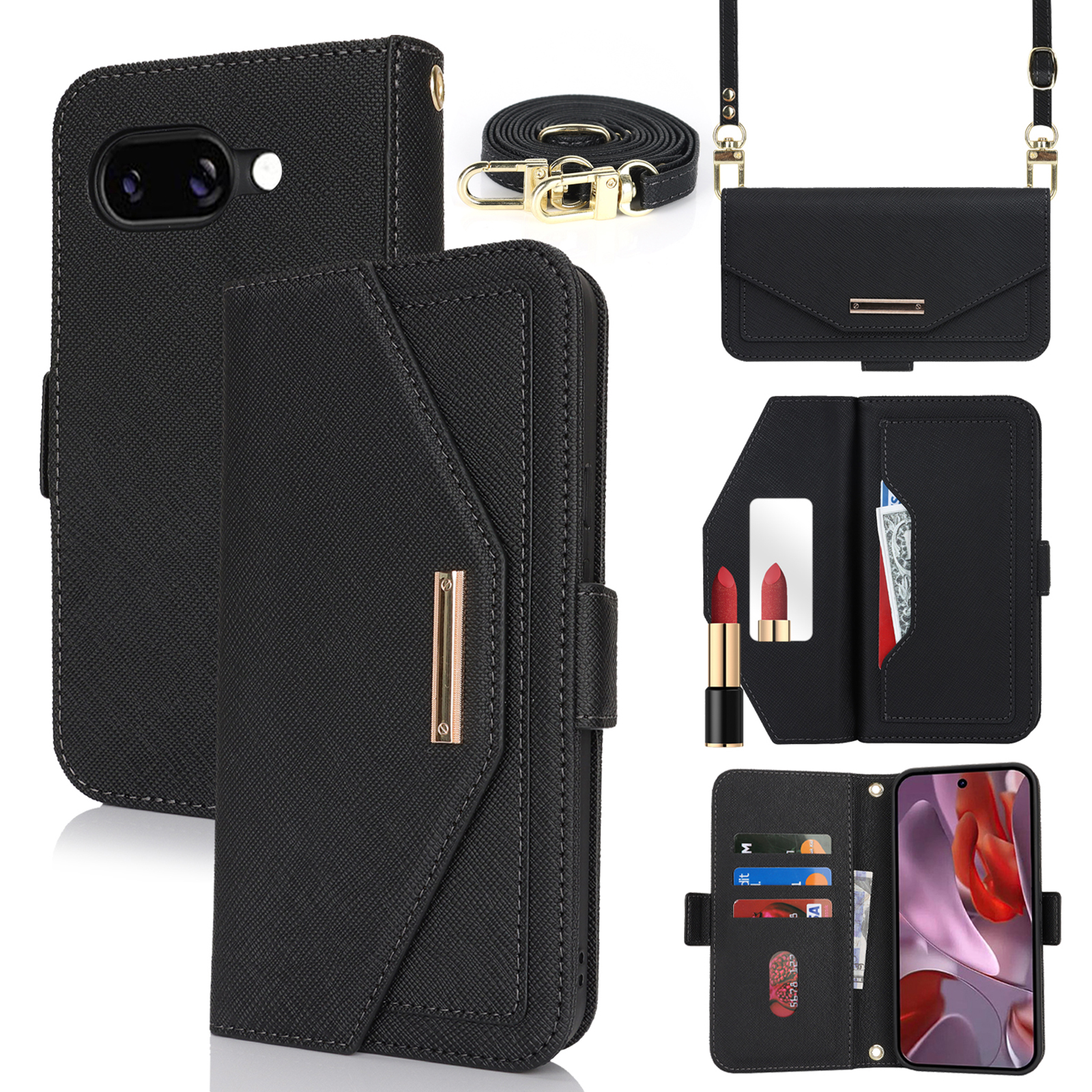 For Google Pixel 9a Stand Case Cross Texture PU Leather Wallet Phone Cover with Shoulder Strap  /  Makeup Mirror - Black