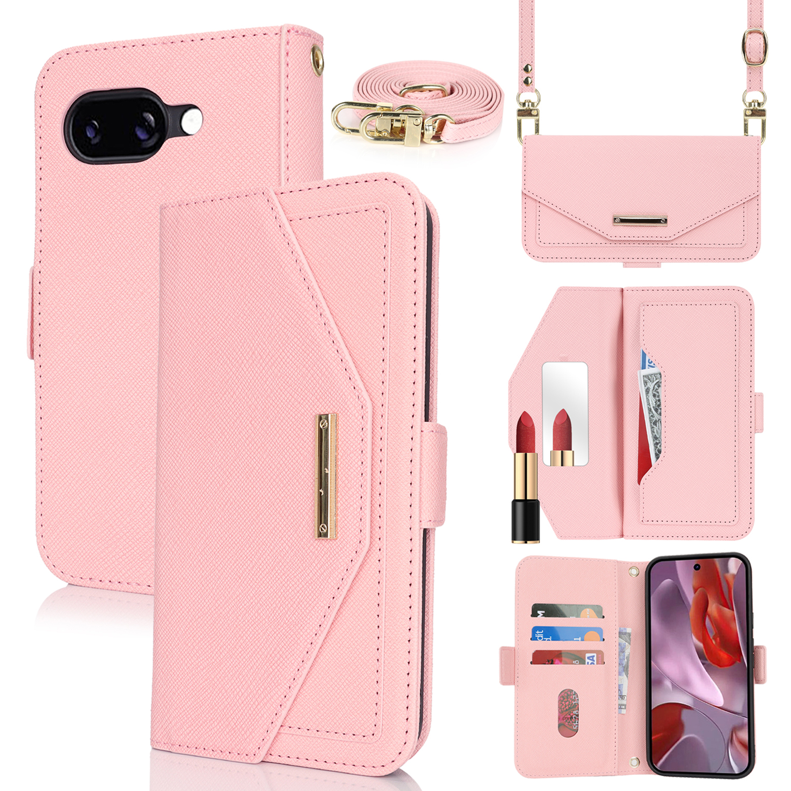 For Google Pixel 9a Stand Case Cross Texture PU Leather Wallet Phone Cover with Shoulder Strap  /  Makeup Mirror - Pink