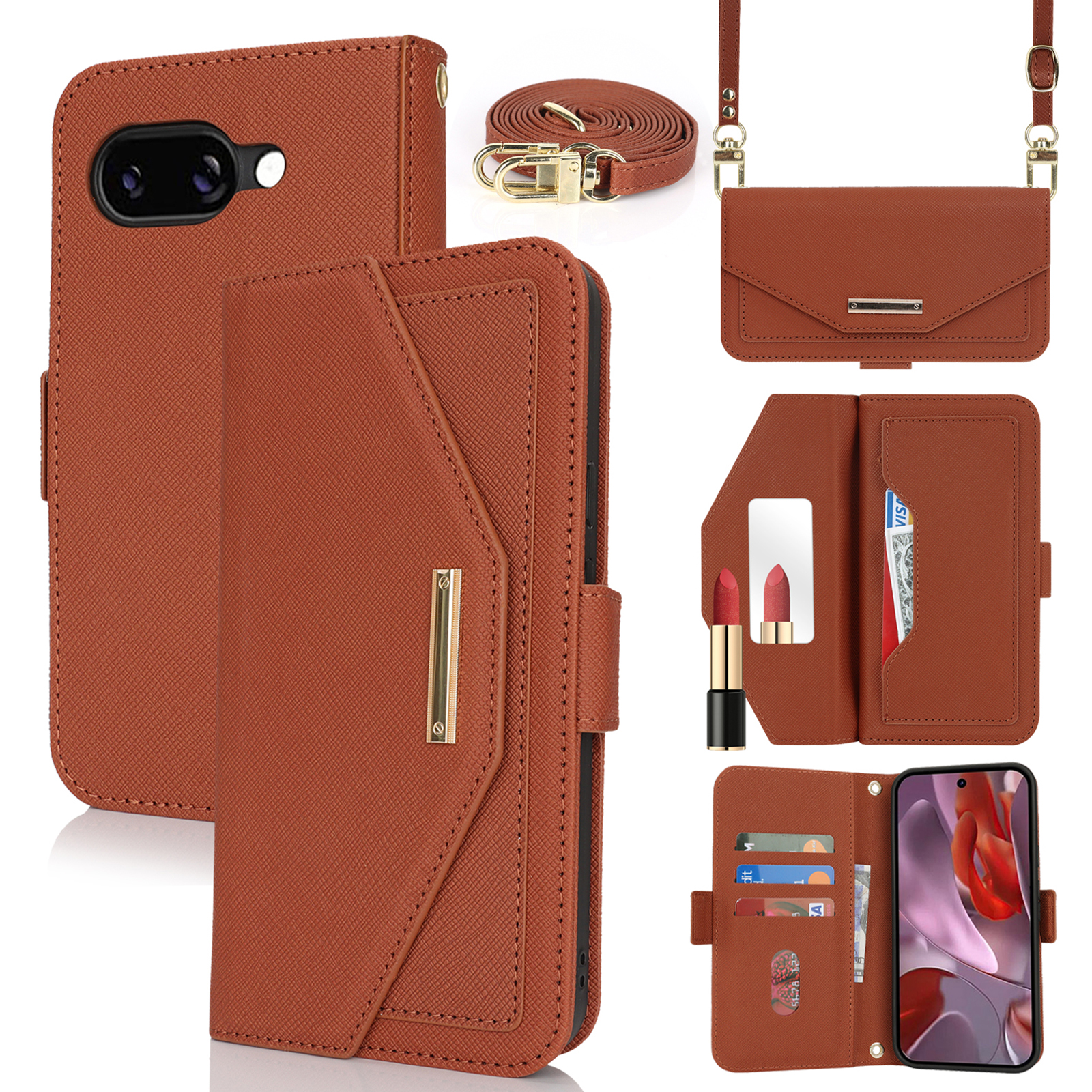 For Google Pixel 9a Stand Case Cross Texture PU Leather Wallet Phone Cover with Shoulder Strap  /  Makeup Mirror - Brown