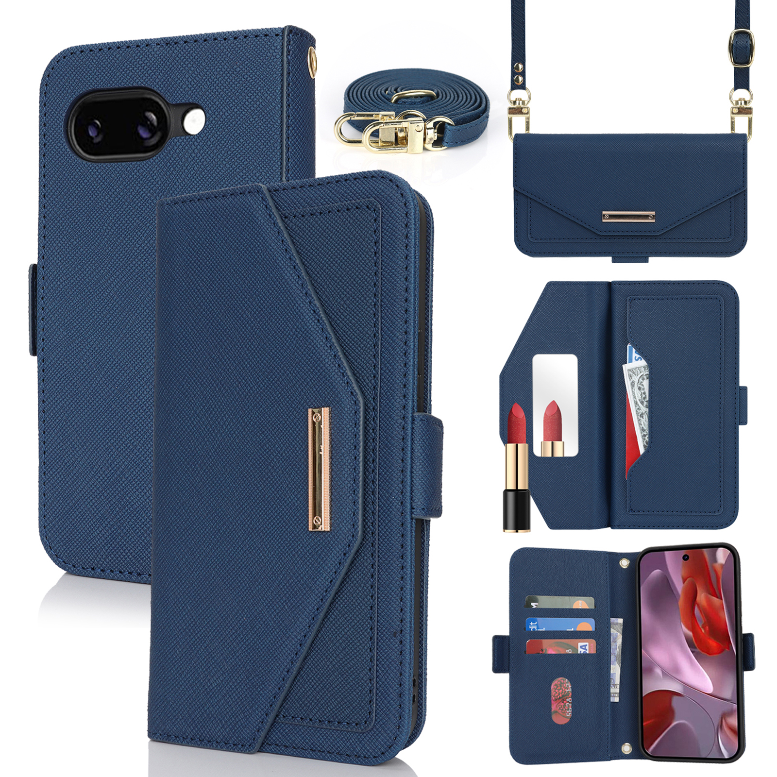 For Google Pixel 9a Stand Case Cross Texture PU Leather Wallet Phone Cover with Shoulder Strap  /  Makeup Mirror - Blue